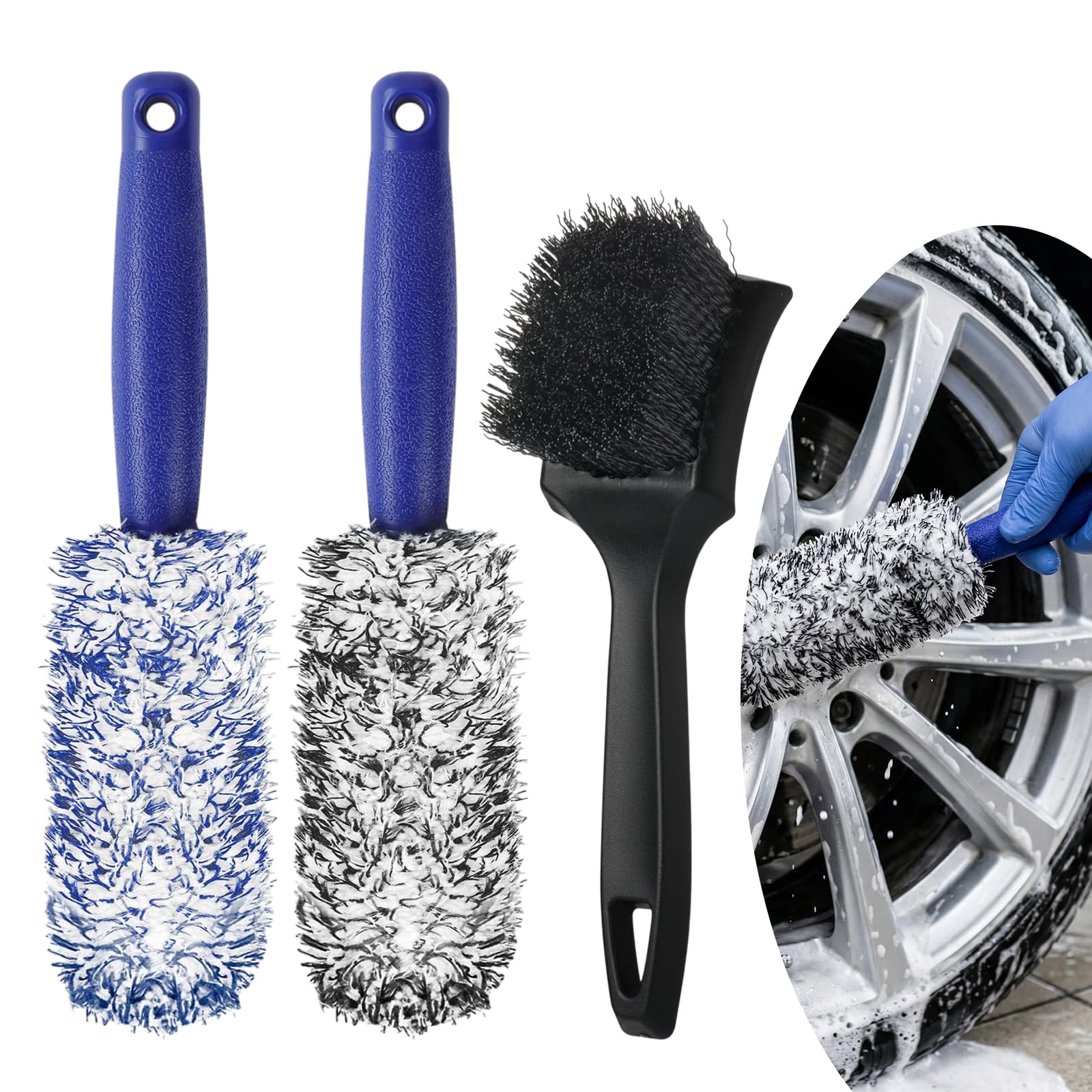 3 Pcs Alloy Wheel Brush, Microfiber Car Wheel Brush, Soft ＆ Hard Bristles Cleaning Brushes for Auto Truck Motorcycle Wheel Barrel Spoked Rims
