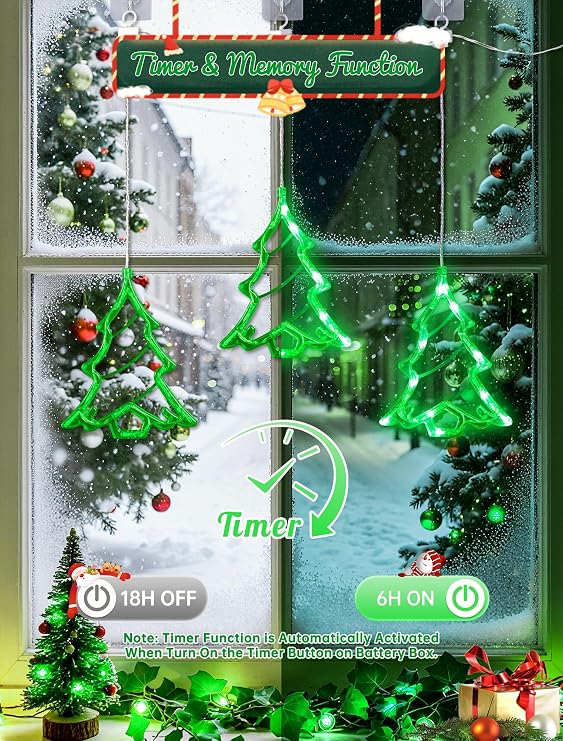 YOUNGAR Christmas Tree Window Lights, 5FT 30 LED Battery/USB Powered with Timer, Waterproof with 8 Modes Memory for Home Bedroom Birthday Party Indoor Outdoor Decor, Green