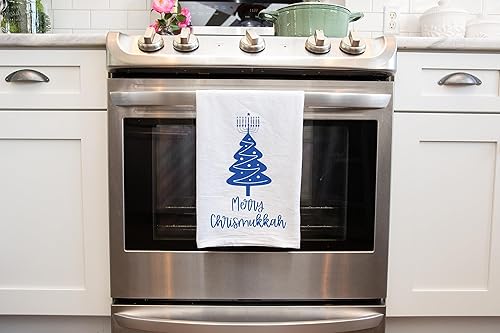 Funny Blended Holiday Christmas and Hanukkah Kitchen Towel, Christmas Tree and Menorah Jewish Dish Towel, Gift for Hostess, Housewarming