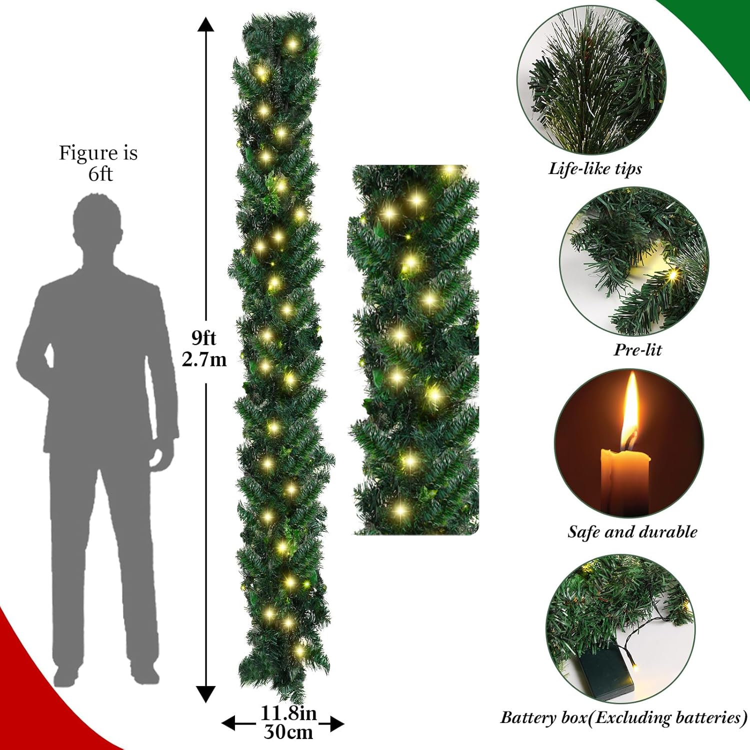6 Pcs Set 9 Feet Prelit Christmas Garland with Lights and 5 Giant Red Christmas Bows 50 LEDs Battery Operated Garland for Fireplace Mantle Stairs Railing Front Door Decor(Classic Style)