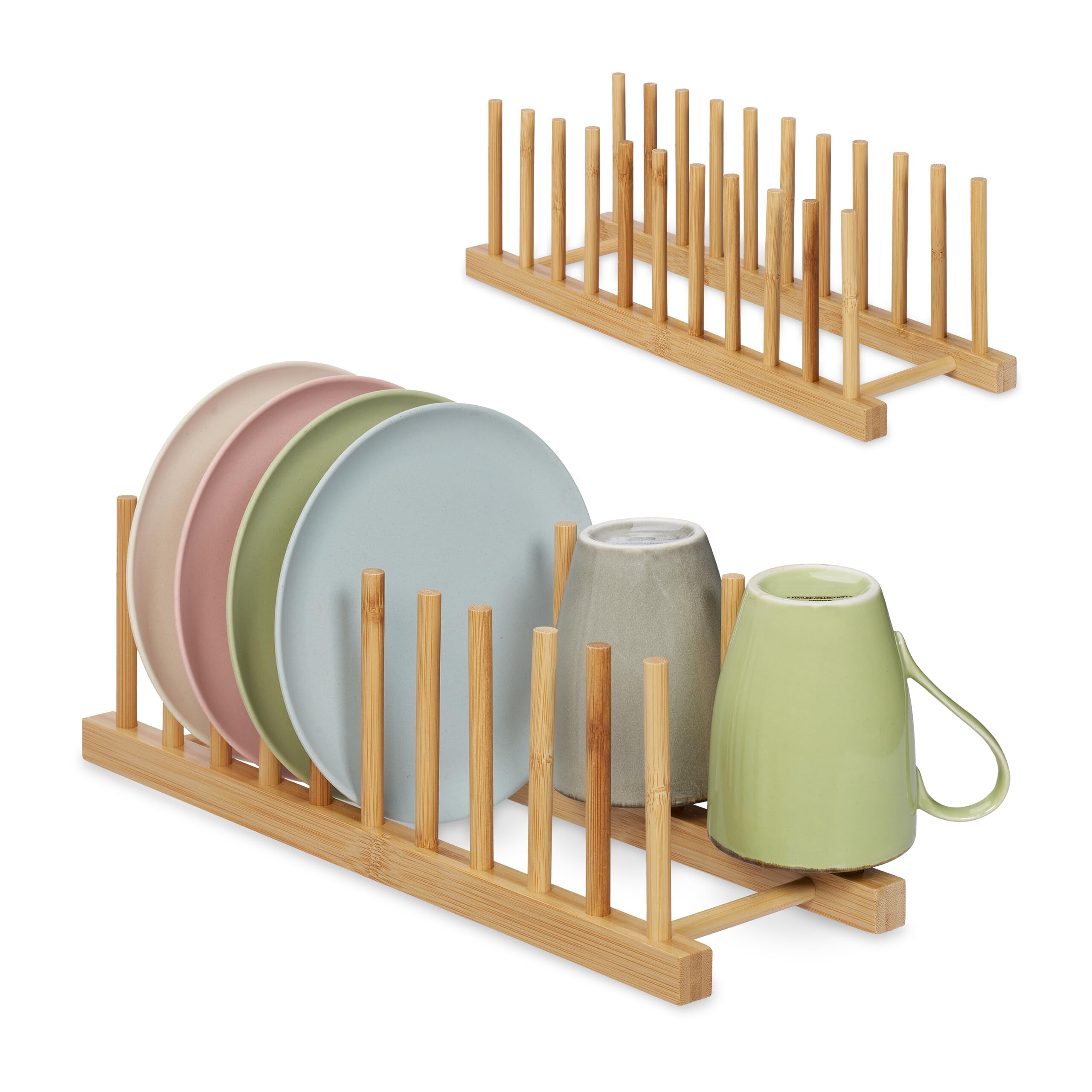 Relaxdays Set of 2 Plate Racks, for 10 Dishes Each, Pan Lid & Chopping Board Holder, Dish Drainer Stand, Bamboo, Natural