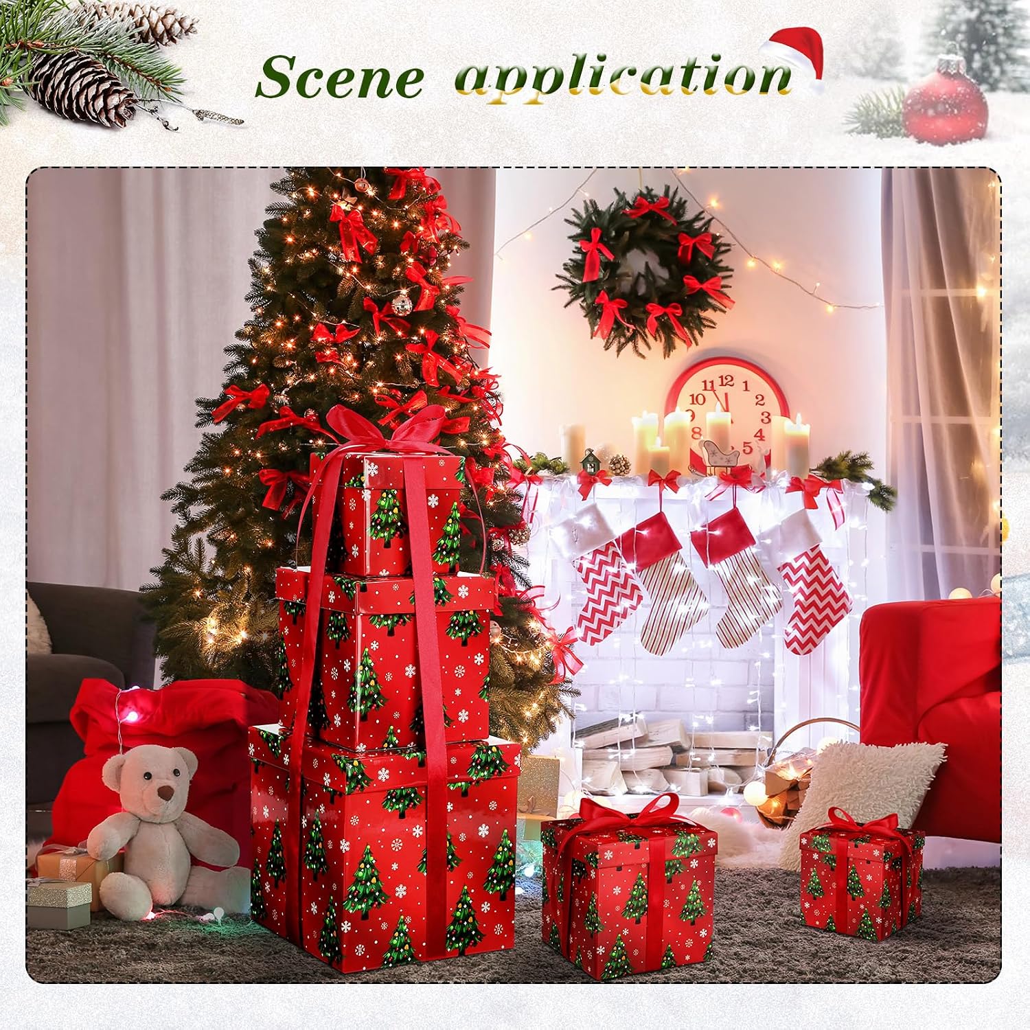 Cholemy 5 Pcs Nesting Gift Box with Lid Square Assorted Size Xmas Nested Box Set with Ribbon for House Warming Gift Wrap(Xmas Tree)