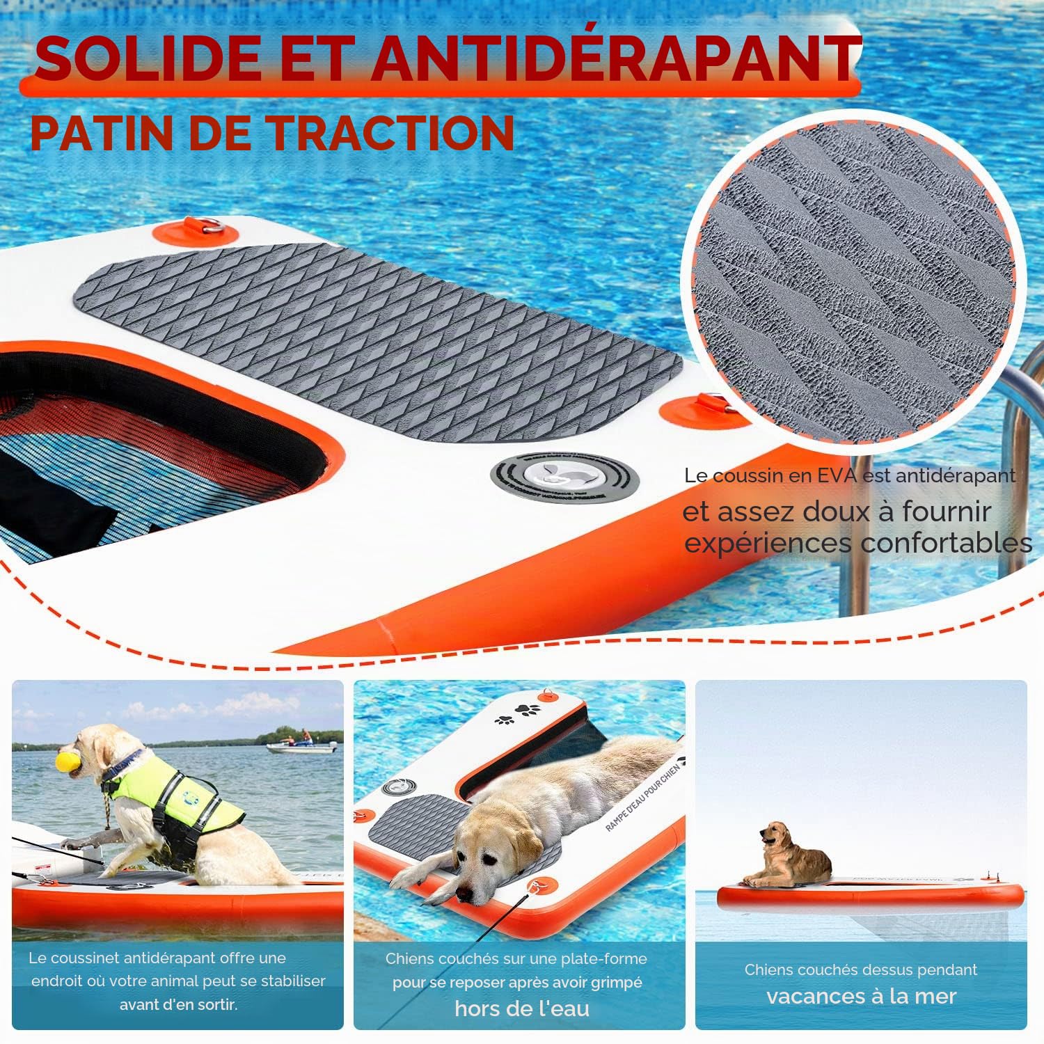 Rampe gonflable pour chien et piscine, échelle flottante extra large pour piscine, quai et bateau, rampe d'eau antidérapante pour chien avec haute stabilité, échelle de piscine pour chien de 68 kg