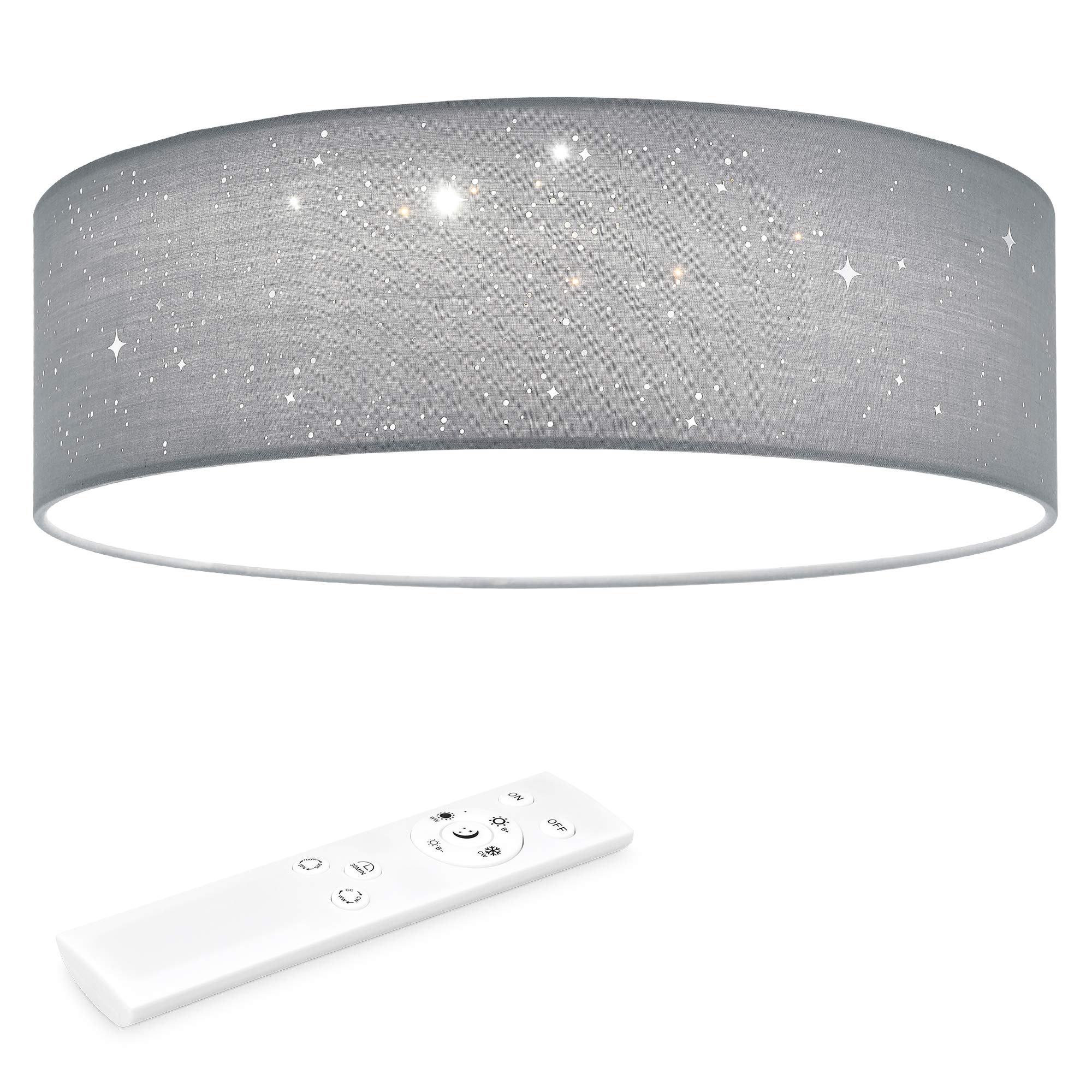 Navaris LED Deckenleuchte 32cm - Dimmbar Farbtemperaturwechsel Fernbedienung - 22W Stoff Hellgrau Sternenhimmel - Wohnzimmer Lampe Schlafzimmer Deckenlampe Kinderzimmer Lampe Decke