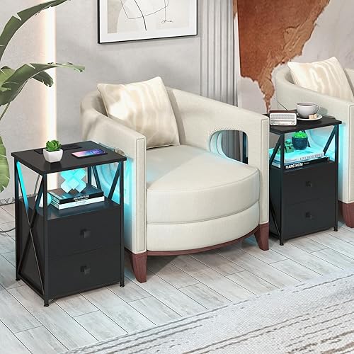 Miniatura 3 de Livofloral Juego de 2 mesitas de noche con LED, mesita de noche con estación de carga, juego de 2 mesas auxiliares negras con cajones de madera,