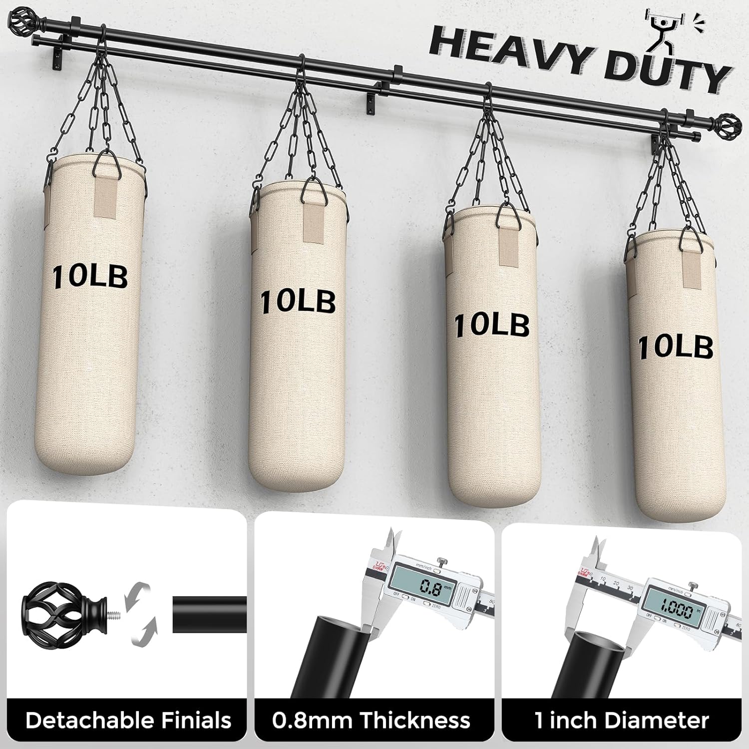 Double Curtain Rod 84 to 120 Inch, Black Long Dual Curtain Rods with Decorative Aluminium Twisted Cage Finial, 1 Inch Adjustable Heavy Duty Telescopic Spliced Window Treatment Rods, All Metal