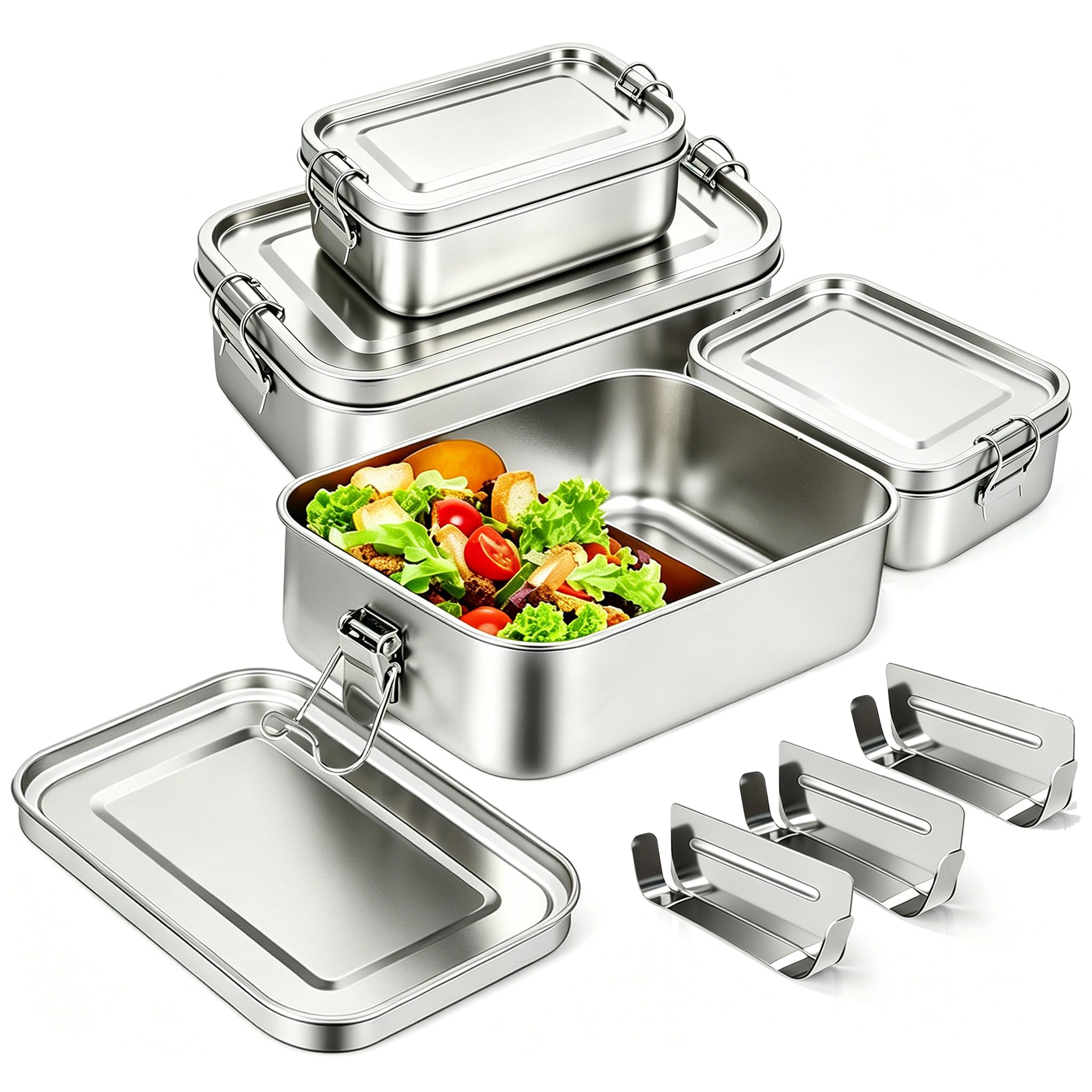 4er Set Brotdosen aus 304-Edelstahl, Lunchboxen 1400/1400/850/550 ml inkl. 3 flexiblen Trennwänden, luftdicht stapelbar spülmaschinenfest für Arbeit, Schule, Picknick & Vorratshaltung