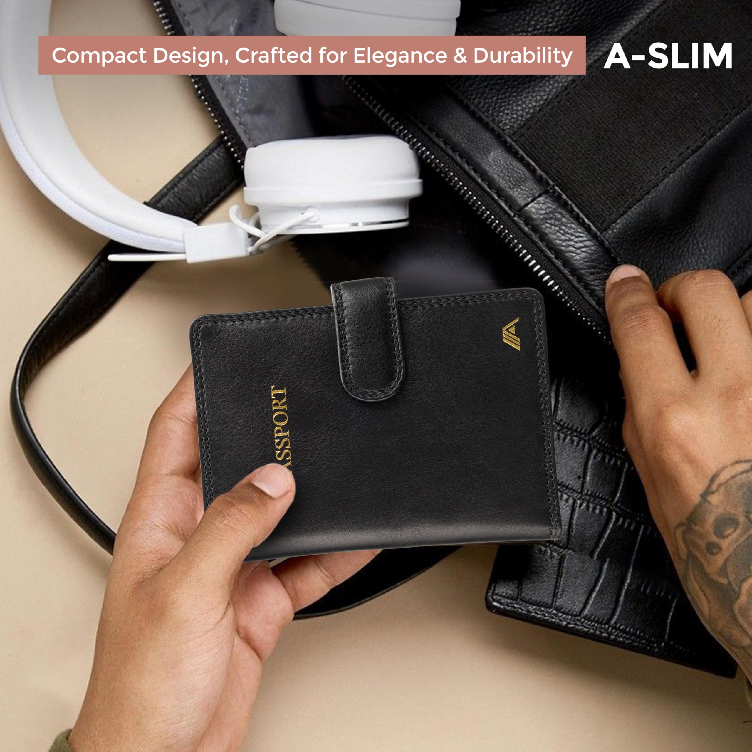 A-SLIM Gokaku Reisepasshalter aus Leder, Reisepass-Organizer für Reisepass, Tickets, Bordkarte, Karten, Bargeld, Rindsleder, schwarz, 10*14*1.5cm, Modern