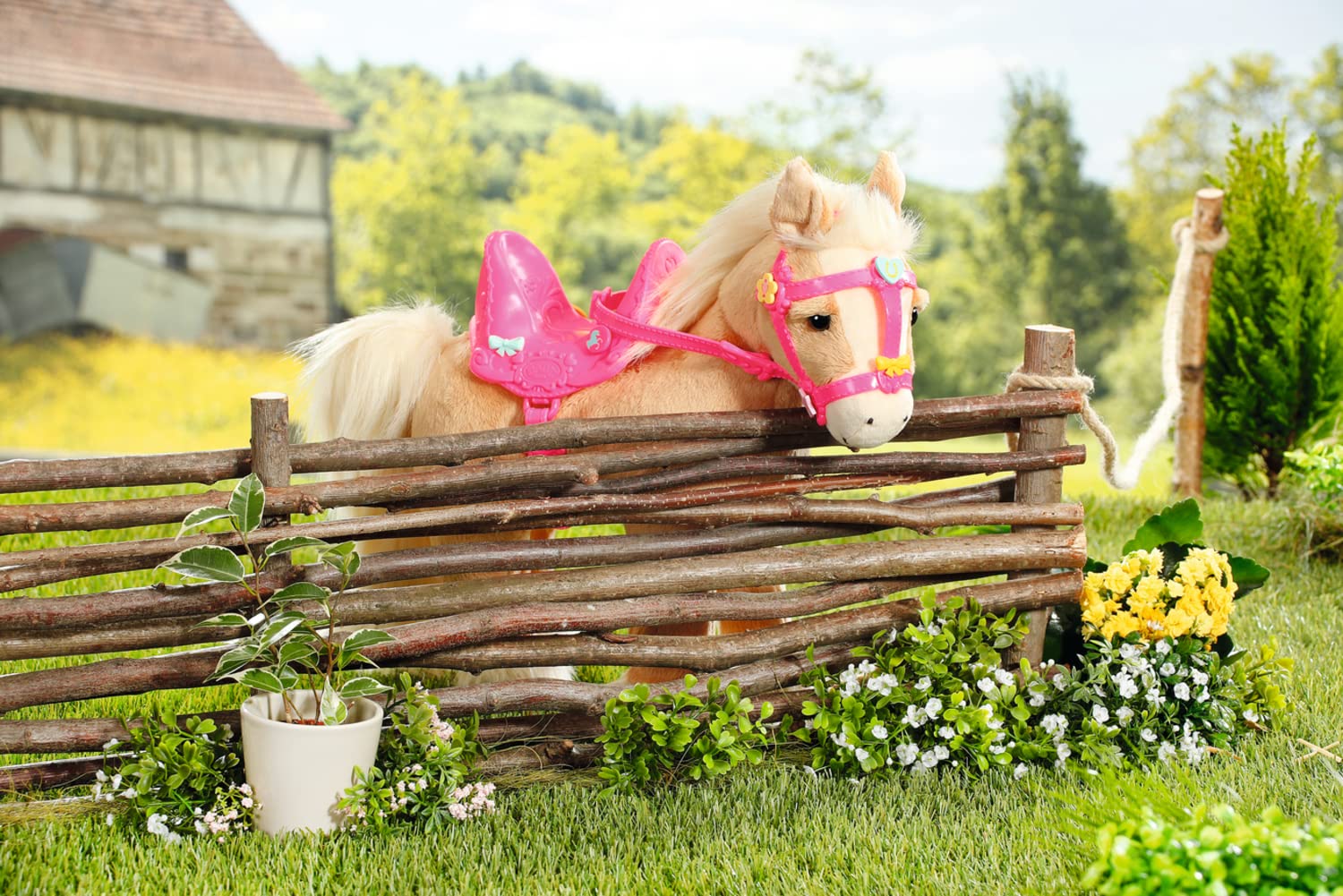 BABY born Zapf Creation 835203 My Cute Horse - Eletronisches Plüschpferd mit Lauf- und Soundfunktion, rosa Sattel, rosa Zaumzeug und Pins zum Dekorieren.