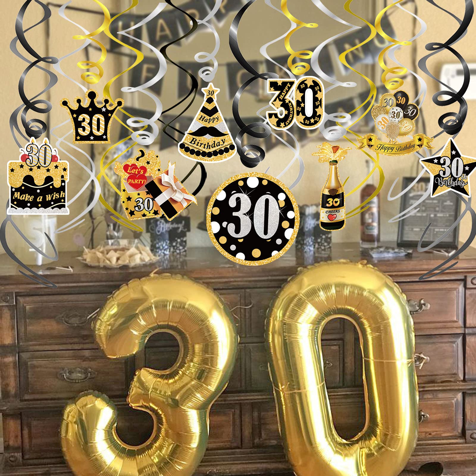 Funrous Geburtstags-Wirbel Dekoration – 30 Stück, Schwarz-silber, Mit Happy Birthday Motiven, Zum Aufhängen An Decke Oder Fenster