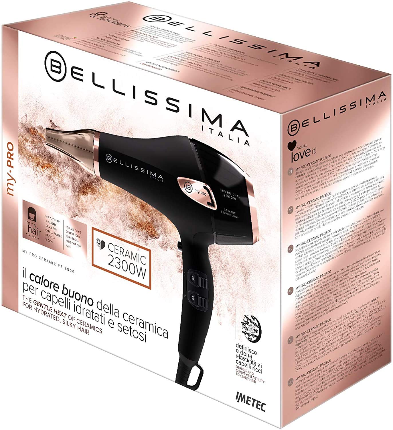 Imetec Bellissima My Pro Ceramic P5 3800 profesjonalna suszarka do włosów do miękkich i lśniących włosów, technologia ceramiczna, 2300 W, ultradźwiękowy rozpylacz, technologia jonowa