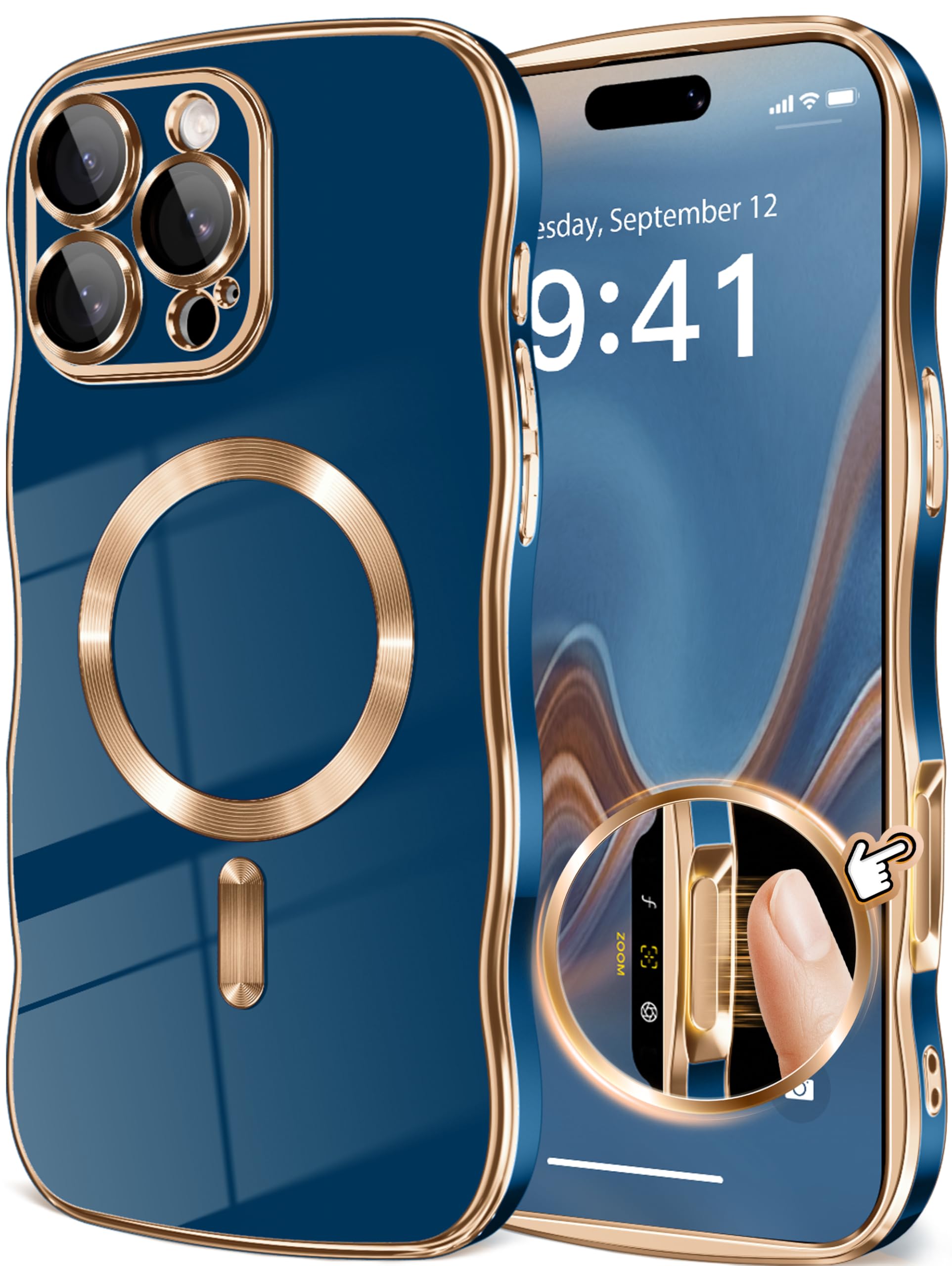 GVIEWIN for iPhone 16 Pro Max Case Compatible with MagSafe Cute Wave Frame | Upgraded [Full Camera Protection] [Military Grade Protection] Electroplated Soft Phone Cover for Women Girl, Blue