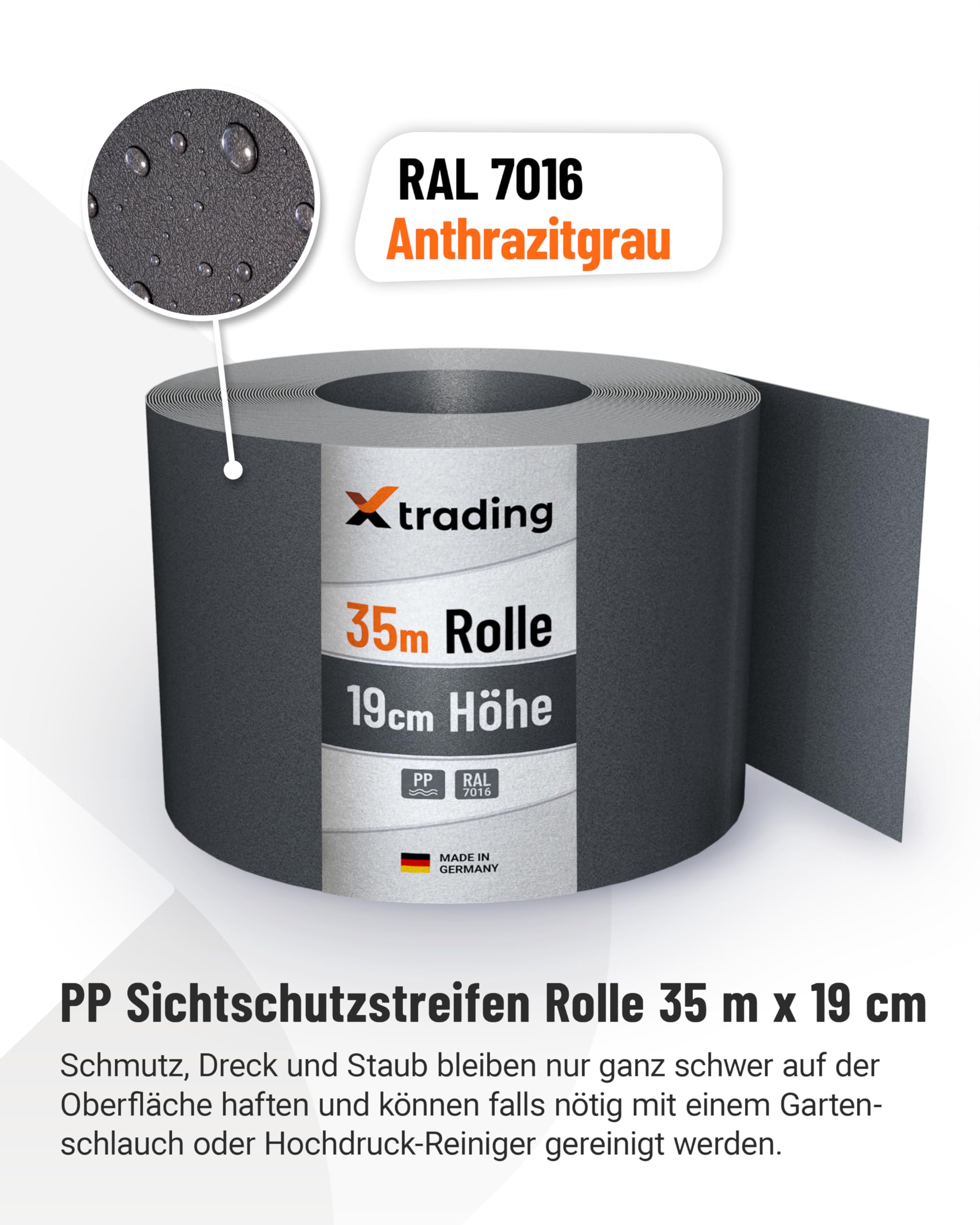 X-trading PP Sichtschutzstreifen für Doppelstabmatten-Zaun (35 m x 19 cm Rolle) Anthrazit – RAL7016 – Lederoptik – Qualität Made in Germany, einfache Montage ohne Clips & Werkzeug