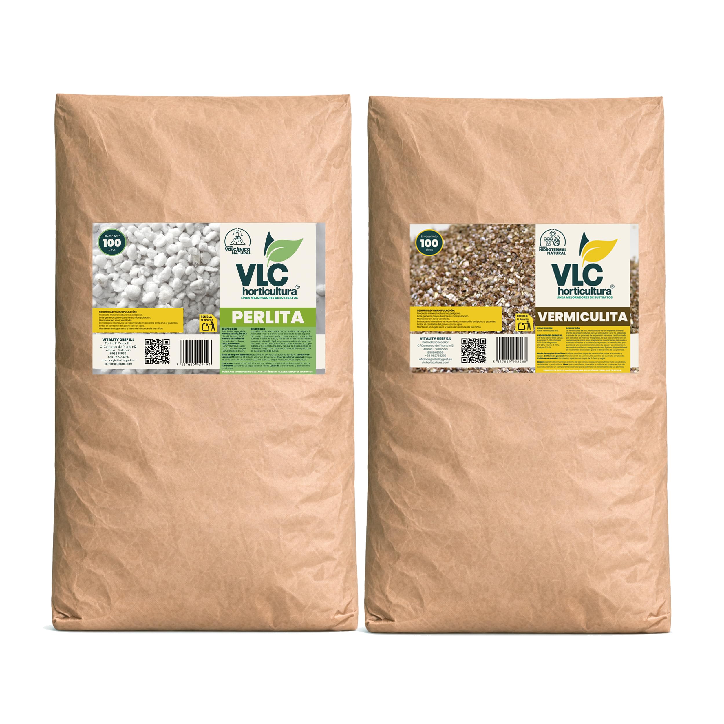 Pack Perlita + Vermiculita VLC Horticultura | Mejora Aireación y Retención de Humedad del Sustrato | Ideal para Semilleros, Macetas y Trasplantes | Minerales Naturales para Jardinería (100+100L)