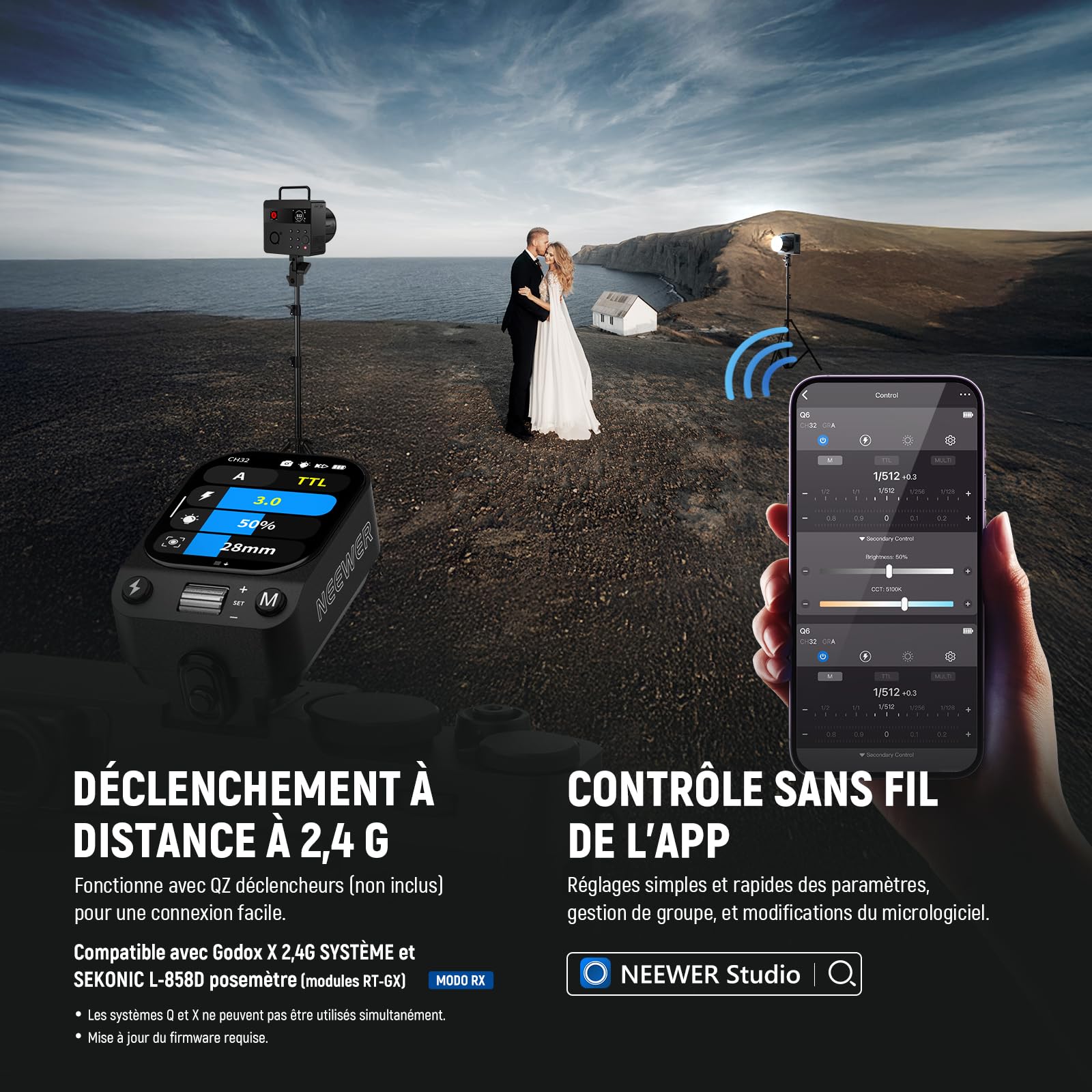 NEEWER Q6 600Ws 2,4GHz TTL Flash Studio extérieur avec app contrôle,Compatible avec Godox,Vitesses d'obturation 1/1 à 1/512,1/8000 HSS,Lampe Pilote LED Bicolore 30W,Temps Recharge de 0,01 à 0,9s