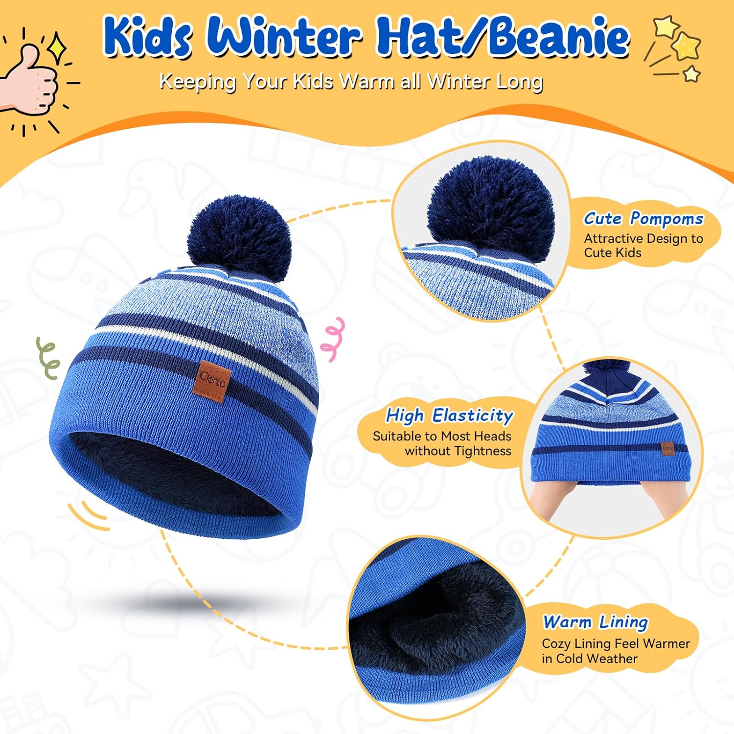 Cierto Kids Winter Hat Gloves Scarf Set Knit Beanie for Boys Girls 3–10 Years Fleece Lined with Cute Pom Pom - Image 3