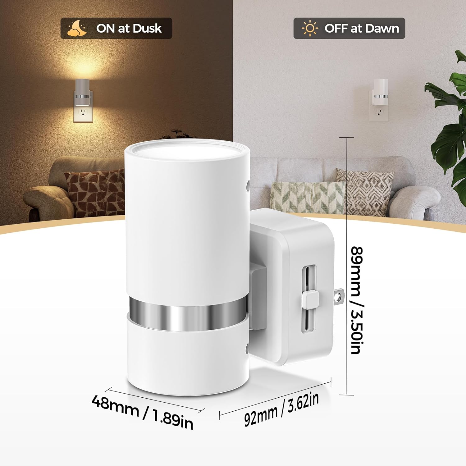 DORESshop LED Night Light 2 Pack, White Cylinder Dimmable Night Light Plug in, Slide Brightness Adjustable, Night Lights with Dusk to Dawn Sensor, 3000K Warm White for Bedroom, Bathroom, Hallway