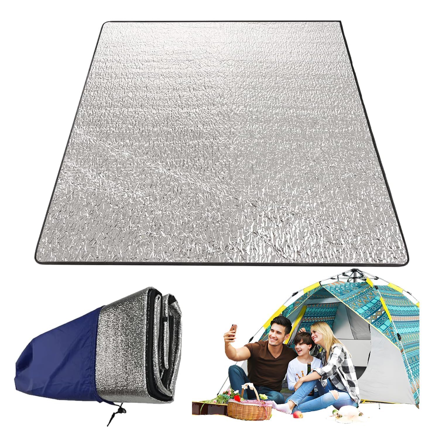 Tappetino in Schiuma da Campeggio, 200 x 200 cm, Cuscino Sedile Pieghevole, Coperta da Campeggio, Foglio di Alluminio, per Campeggio, Spiaggia, Escursionismo, Yoga