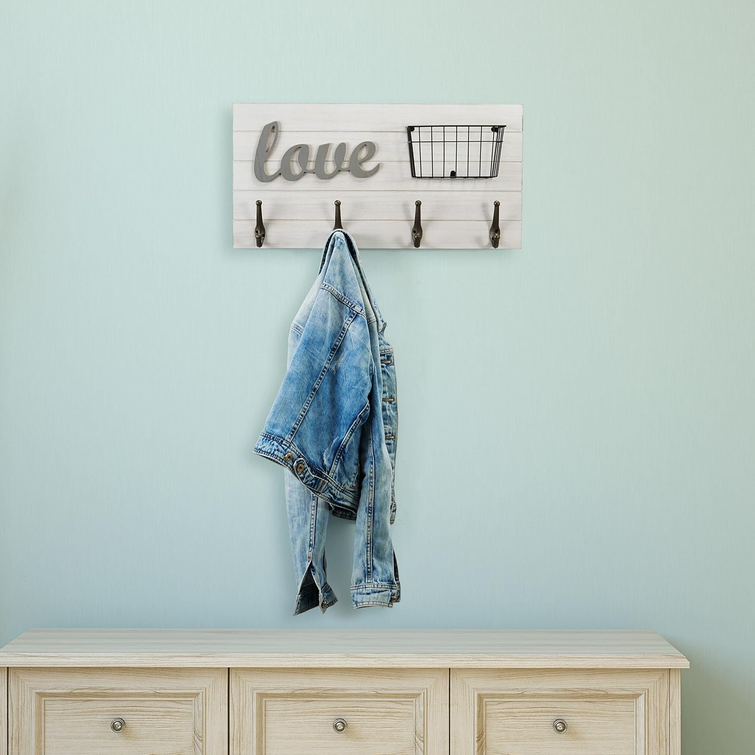 Melannco White Wood Love Sentiment Wall Hook with Basket, 23.62x4.53x11.81 Inch