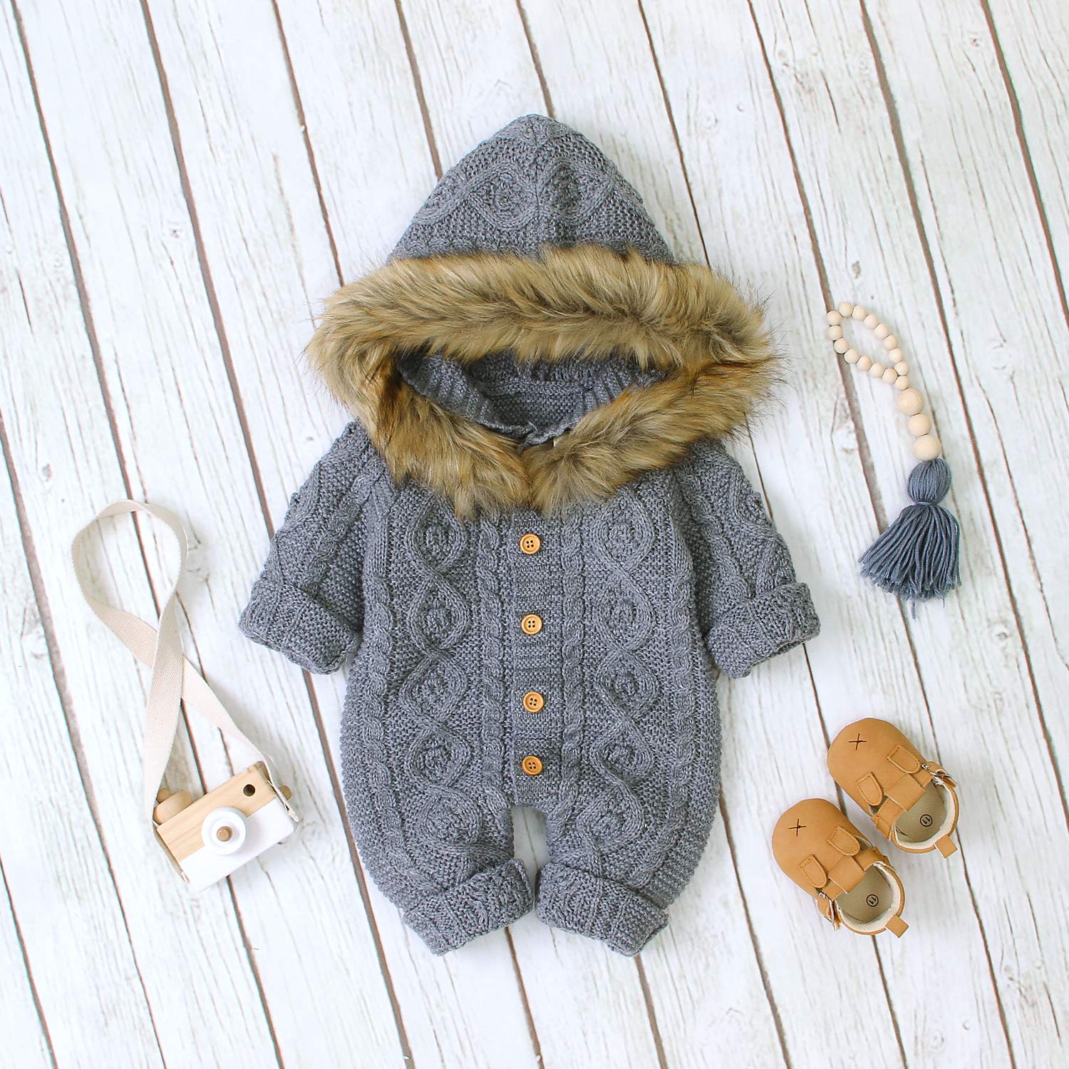 Haokaini Nouveau-né bébé Oreille Capuche tricoté Barboteuse Combinaison Combinaison pour garçons Filles