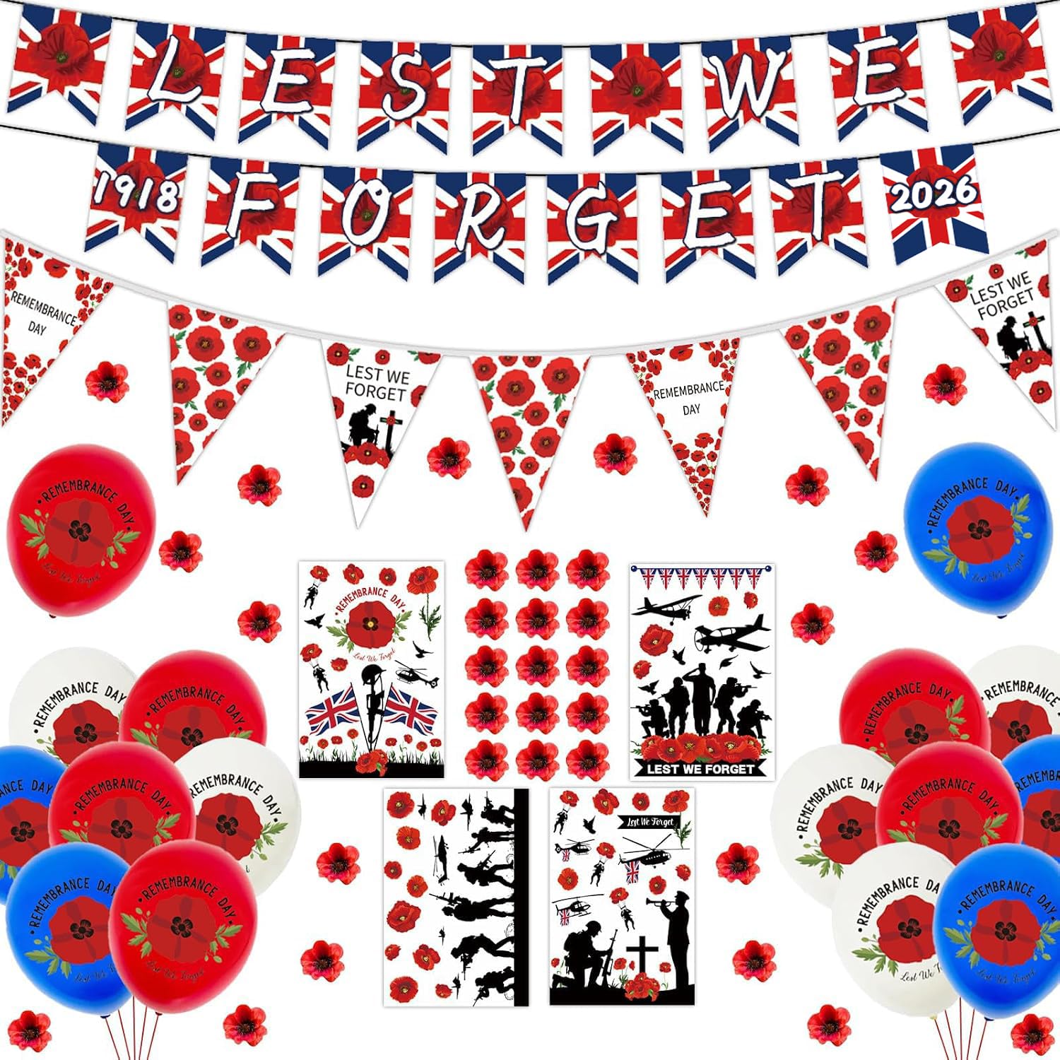 Memorial & Remembrance Day Decorations, Lest We Forget Decoration Banner Bunting, Poppy Silk Flowers Remembrance Day Bunting Poppy Window Stickers, Balloons & Armistice Day Decor