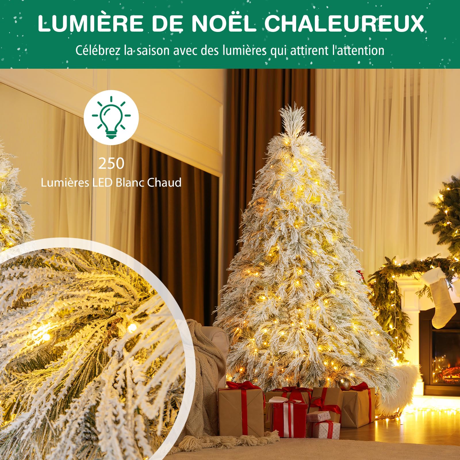 COSTWAY Sapin de Noël Artificiel Lumineux LED 192 cm, 519 Branches avec 250 LED Blanc Chaud, Aiguilles de Pin, Feuilles de Saule, Arbre de Décoration Pré-éclairé, pour Fêtes, Maison, Magasin, Bureau