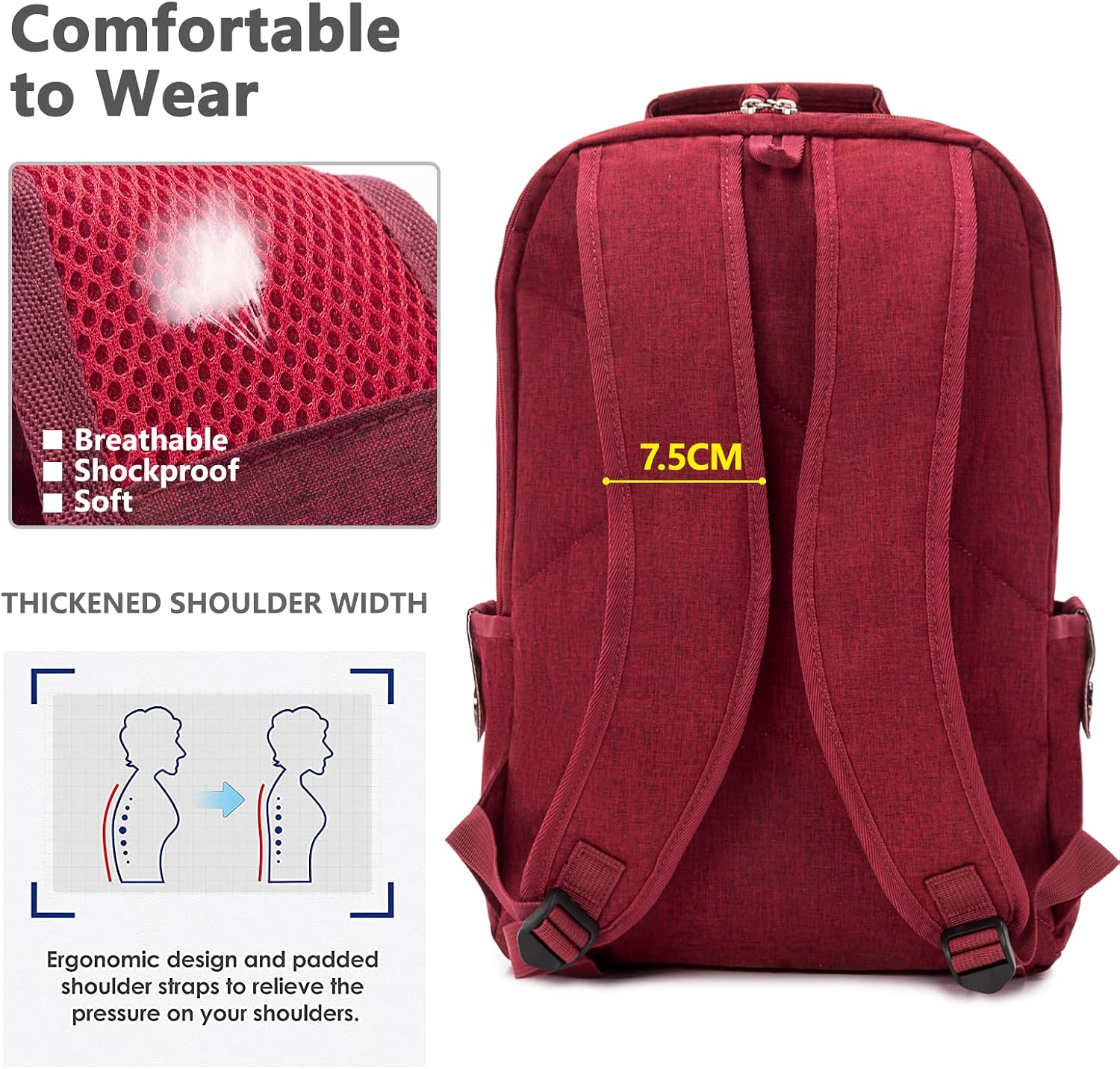 KINGSLONG 15.6 inch Laptop Backpack for Men Women Red,Buttons Decor Water Resistant Computer Bag Notebook Bag Suitable for Travel College Work Gifts for Men Women