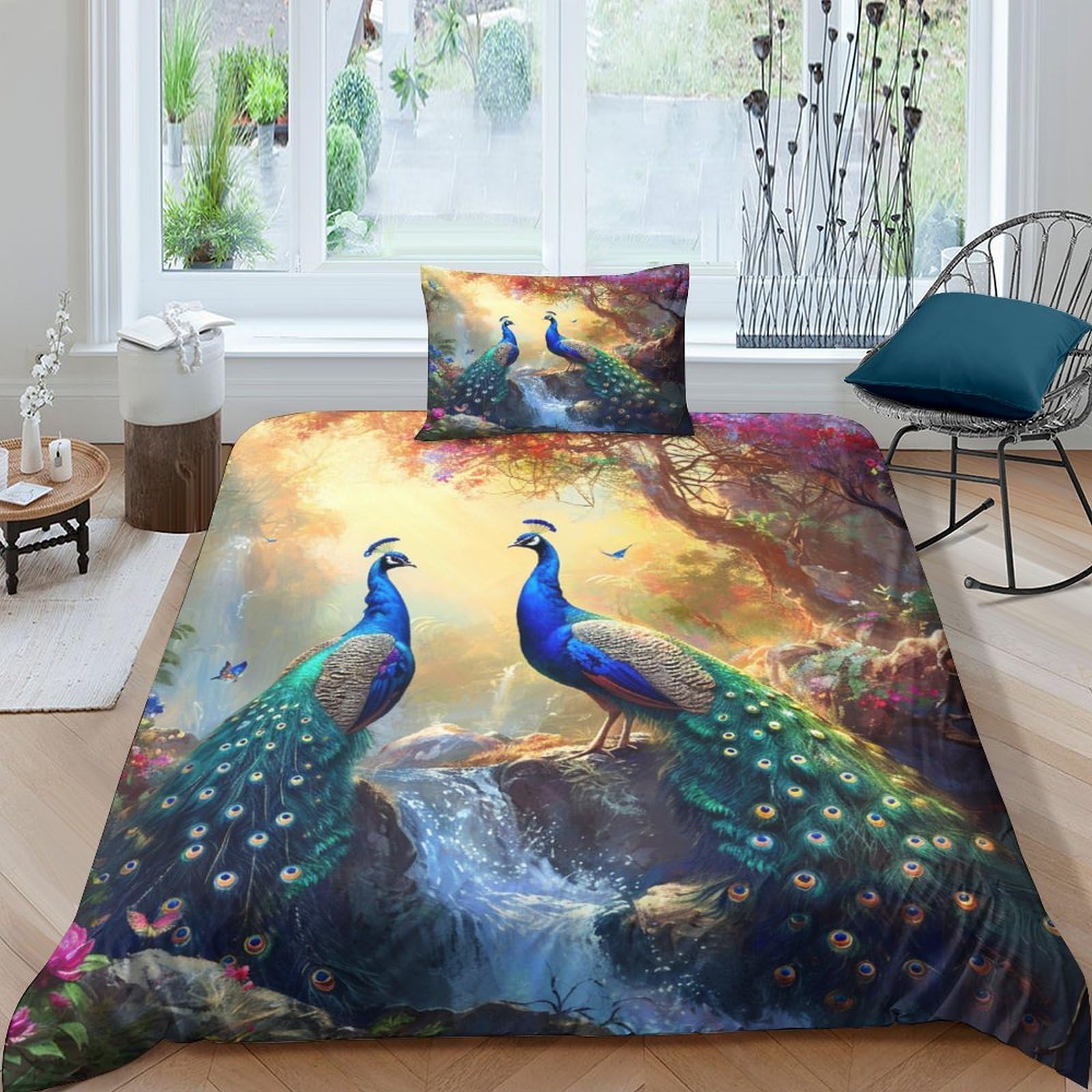Parure de lit paon 3D en microfibre avec housse de couette 135x200cm et taies