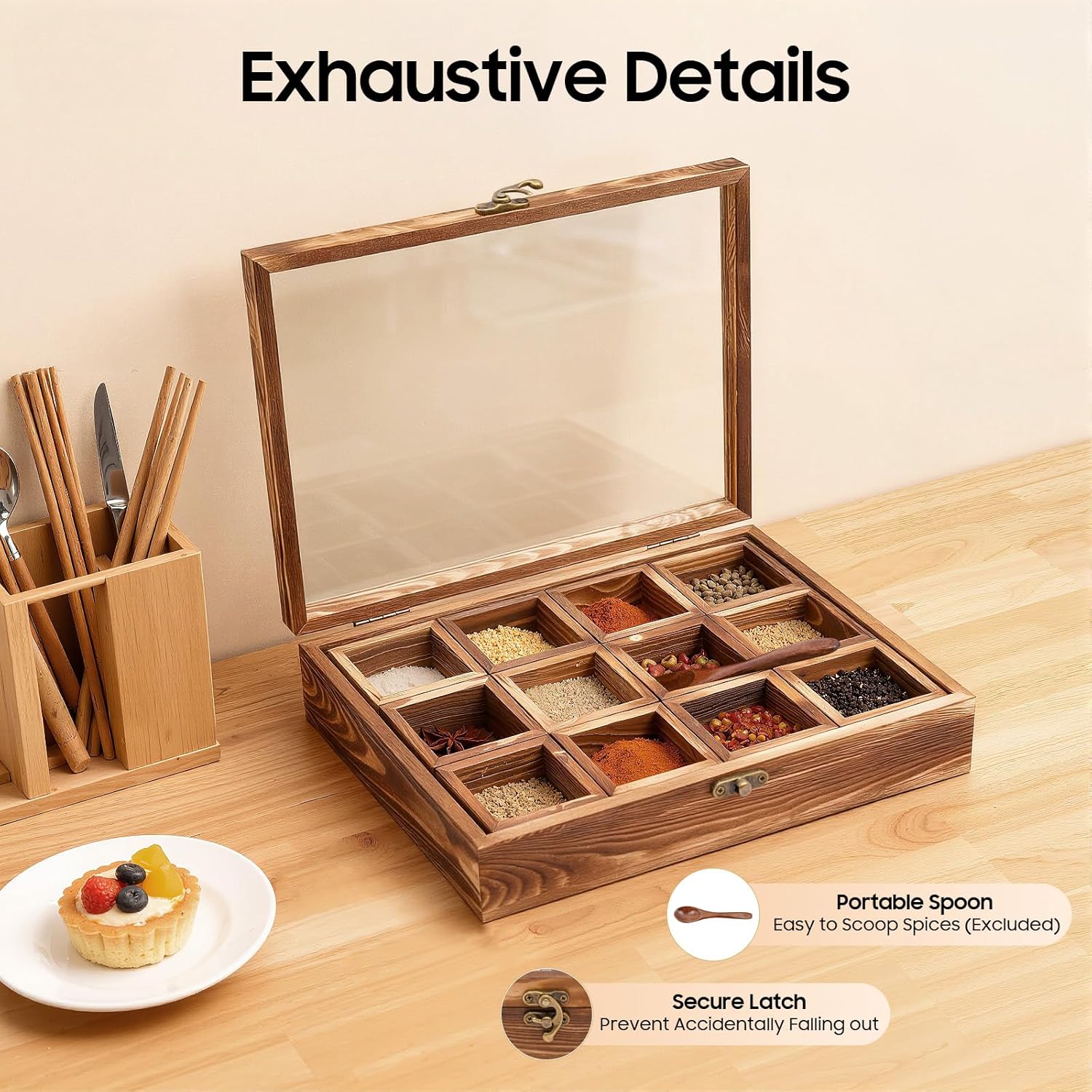 12 Compartments Wooden Spice Box Pine Wood Masala Dabba Container with Spoon Multipurpose Kitchen Storage Organizer for Spices Dry Fruits Each Partition Table Top Decorative Rack