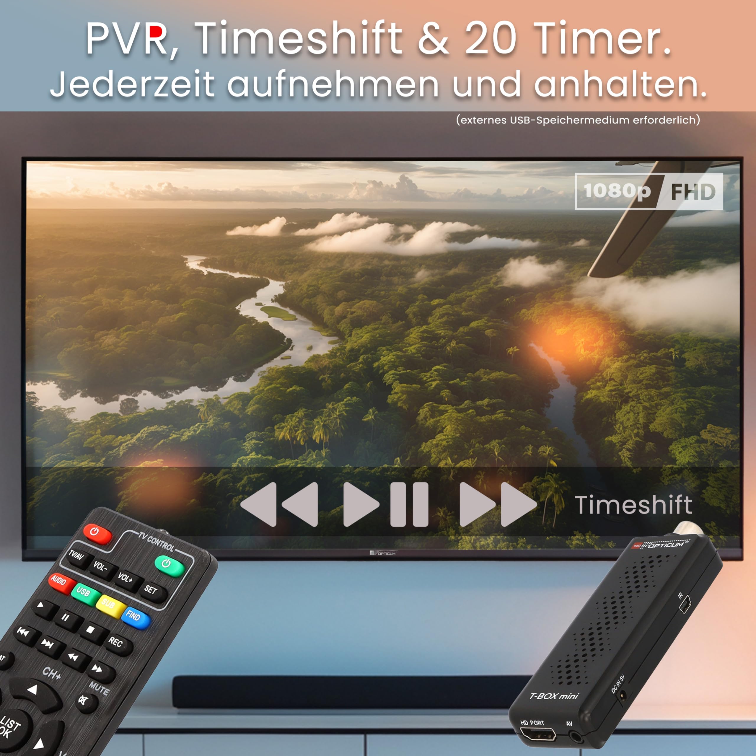RED OPTICUM T-Box Mini DVB-T2/C Digital Full HD Receiver, H.265 HEVC, HDMI, USB 2.0, Schwarz, mit Fernbedienung, IR-Sensor, EPG, Teletext, PVR-Funktion, 115x37x17mm