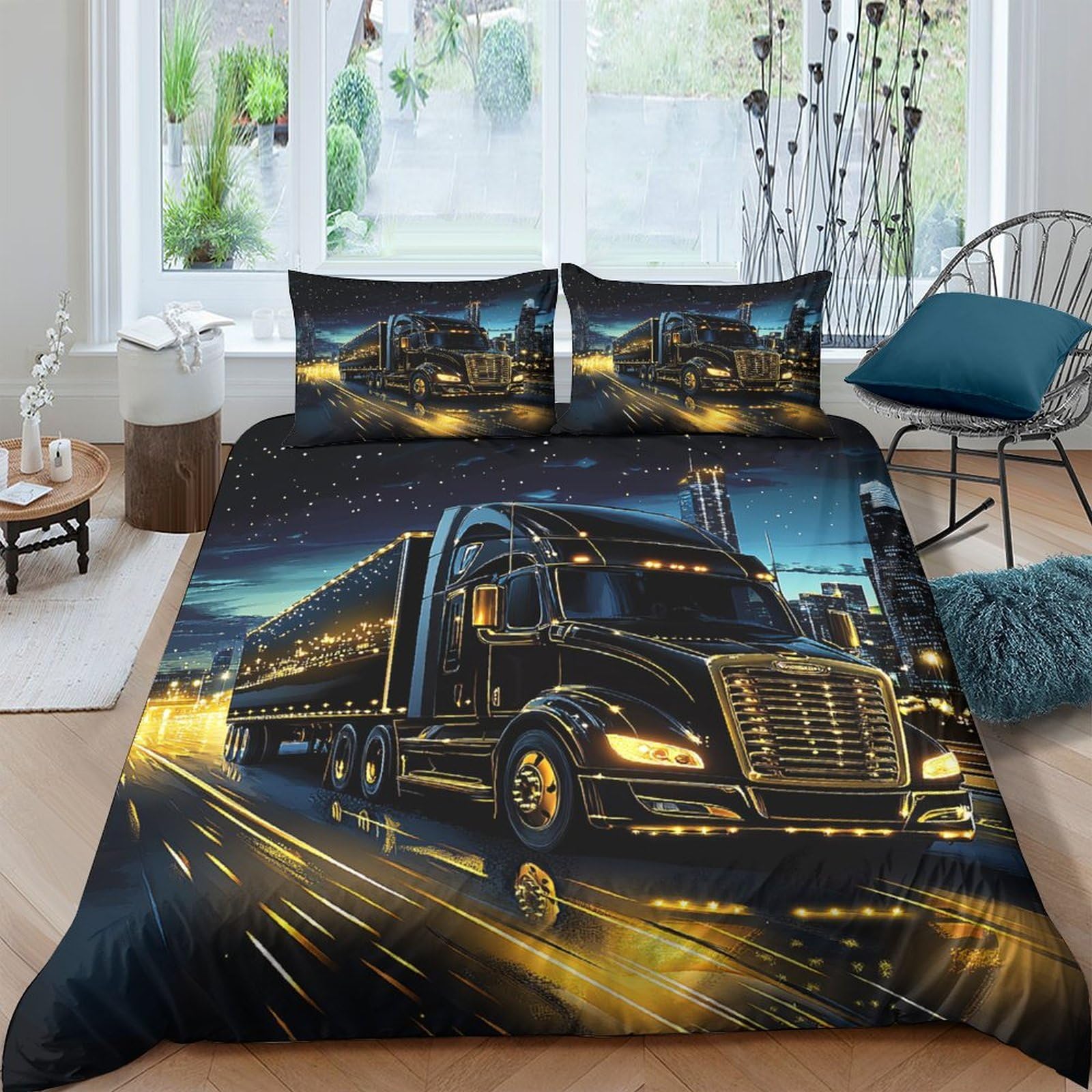 Ctjqhvkz Style-8 3D Printed Night Truck Fitted Sheet Microfiber Soft Breathable Highway Lights Mattress Cover For Bedroom Dorm Decor Single（135X200cm）