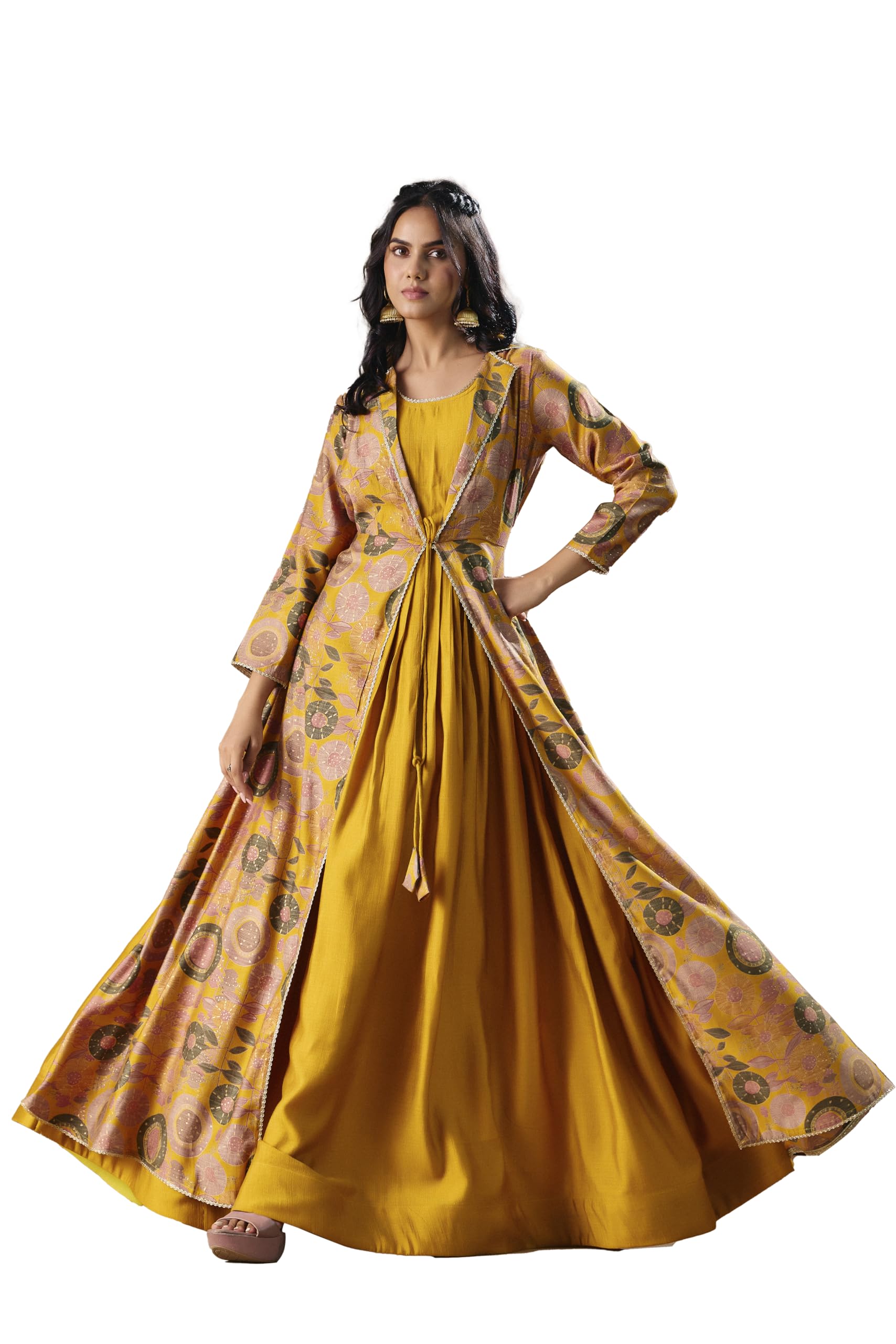 Women's Vatican Print Ethnic Dress with Jacket Style Gown(M-2550 Pink and Yellow)