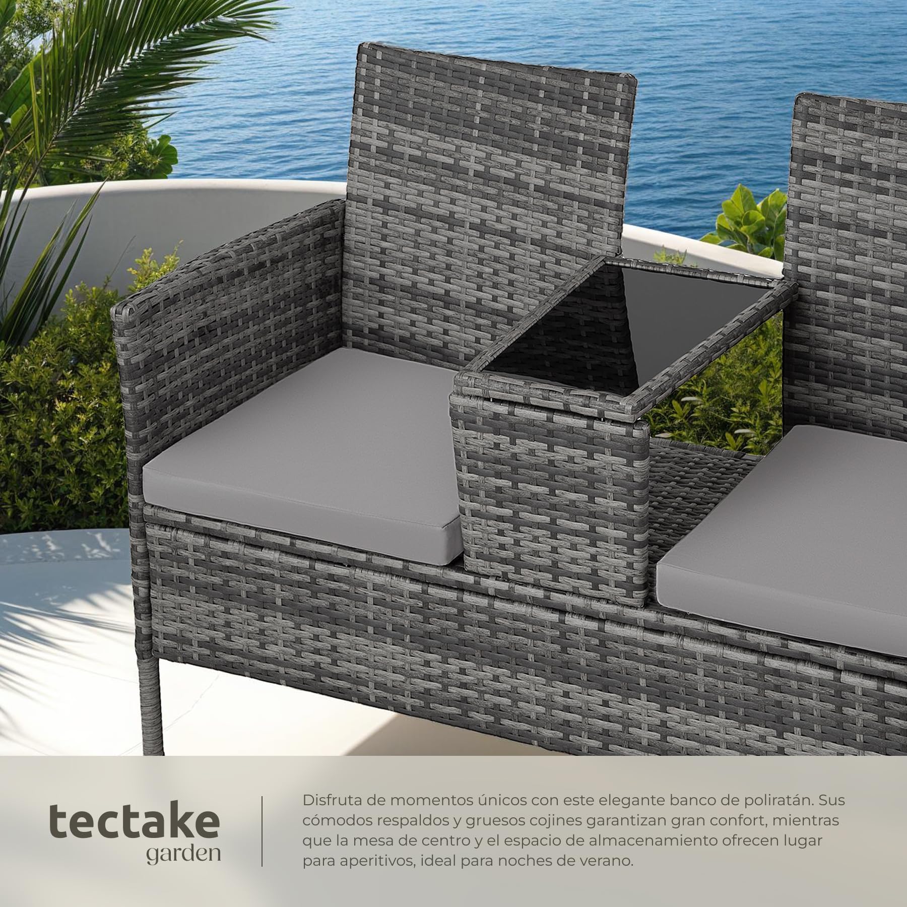 tectake® Banco Exterior con Mesa Integrada, 133 x 63 x 84 cm, Resistente a la Intemperie, Cojín de Asiento de 6 cm, Conjunto de Banco de Jardín para 2 Personas - Gris/Gris Claro