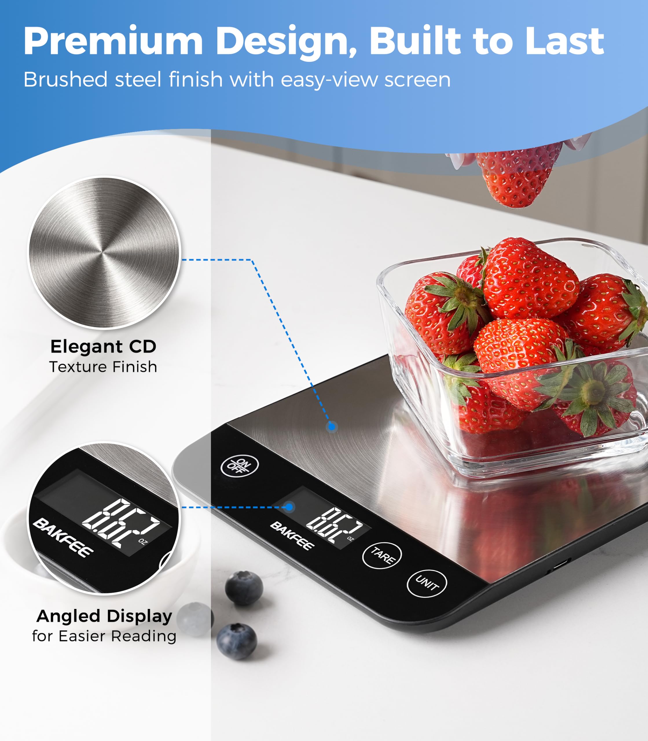 15.0 kg Digitale Küchenwaage, wiederaufladbare Lebensmittelwaage Gramm und Unzen mit Edelstahl, USB-Aufladung, 1 g hohe Genauigkeit zum Backen und Kochen, Essen usw