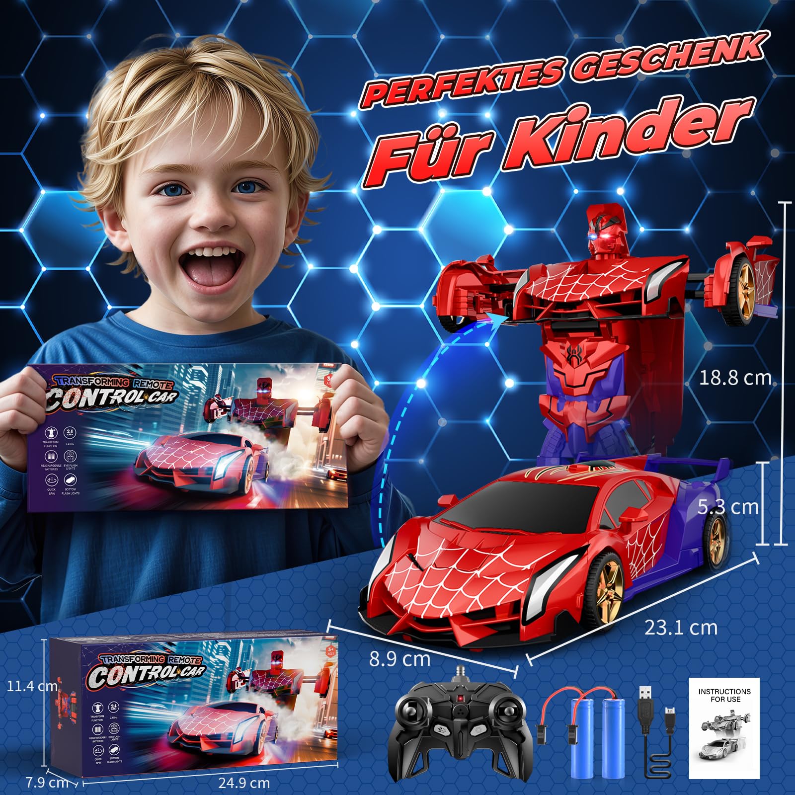 Ferngesteuertes Auto Transform mit LED-Augen & Unterbodenlicht, 2,4GHz Rc Auto & 360° Drehung Roboter, Spielzeug ab 3 4 5 6 7 8 9 Jahre Junge Geschenk Junge 3-12 Jahre Kleine Ostergeschenke Kinder