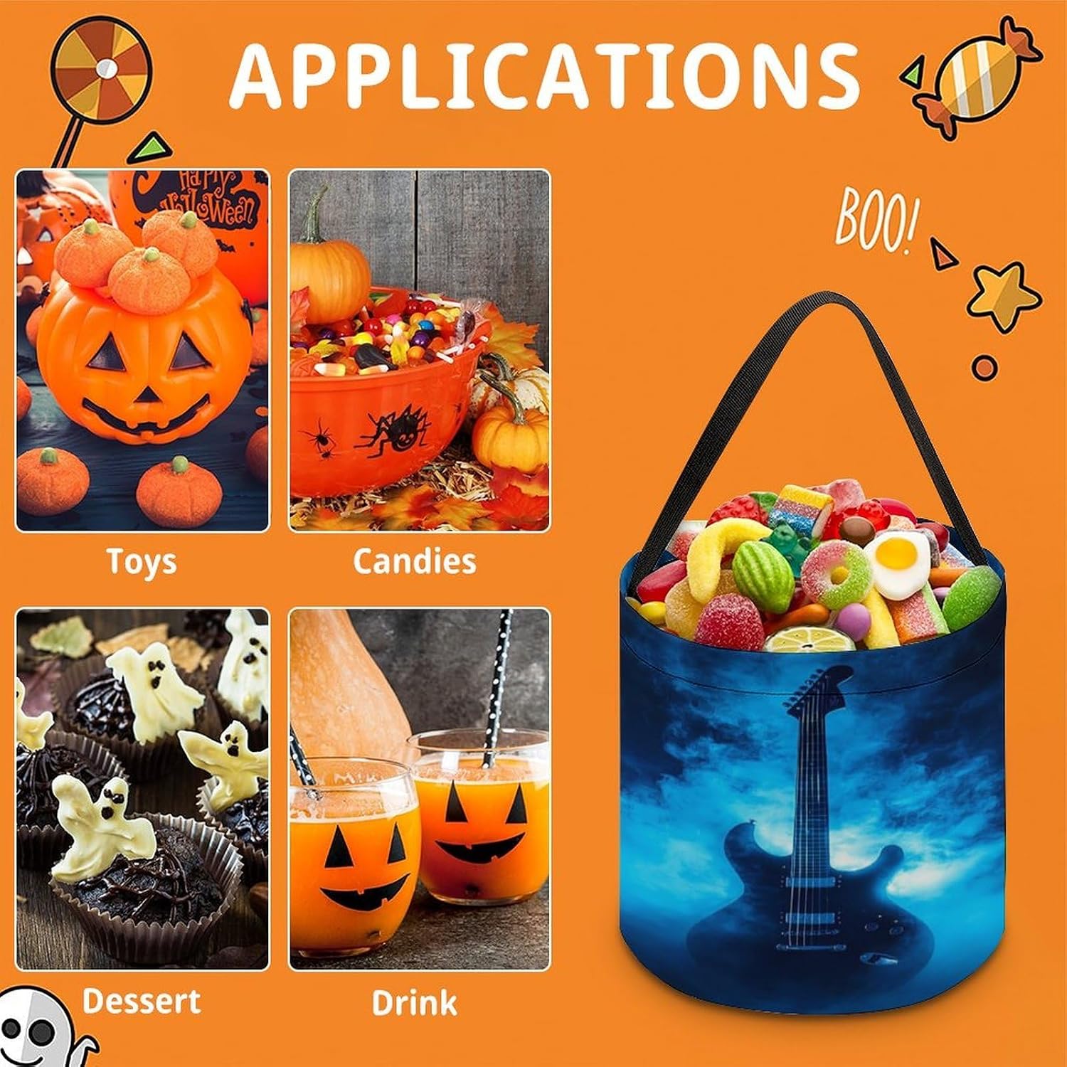 Guitar Music Halloween Treat Bag Reusable Candy Basket Tote Goody Bags Gift Party