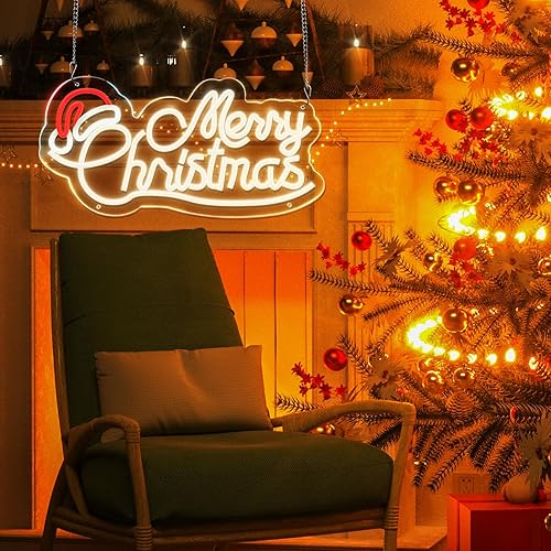 Miniatura 5 de Firzycie Letreros de neón de Feliz Navidad, alimentados por USB, luces LED de neón acrílicas regulables de 15 x 7.7 pulgadas, decoración de pared
