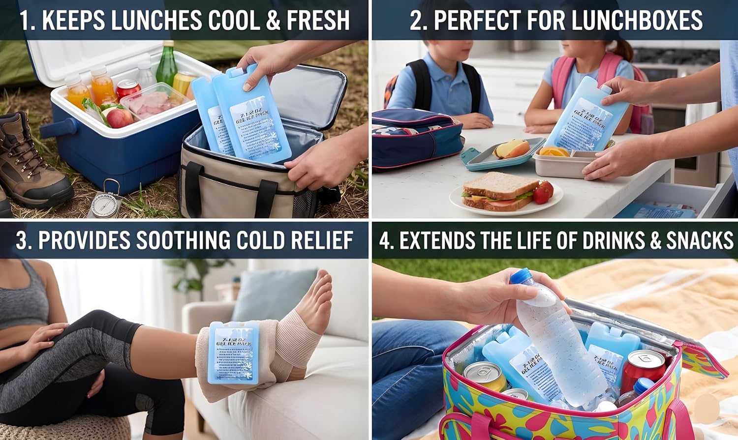 3 Pack Reusable Ice Packs for Coolers & Lunch Boxes – Slim Hard Gel Freezer Packs, Leakproof BPA-Free Ice Bricks for Lunch Bags, Coolers, Camping & Travel