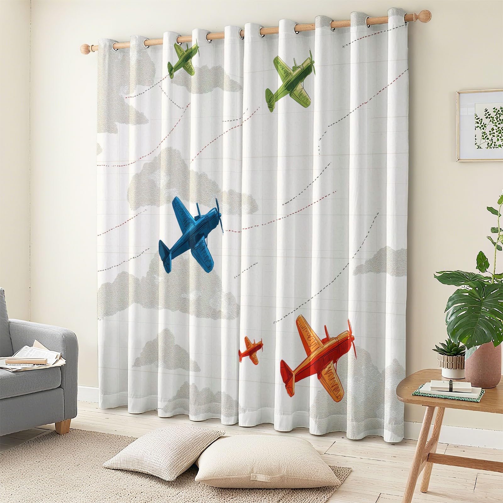 Rideau Occultant Isolants Thermiques À Oeillets Transport Avion Nuages, 110 x 215 cm Lot de 2 Rideaux Thermiques Isolants Anti Froid Imprimé pour Salon Chambre Bebe Enfant, Beige