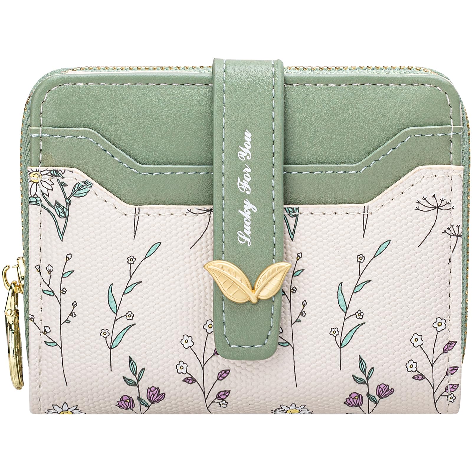 BIAOTIE Wallet for Women Cute Floral Flower Wallet RFID Credit Card Holder Purse Small Bifold Zipper Coin Pocket Purse with ID Windows (Green Fl)