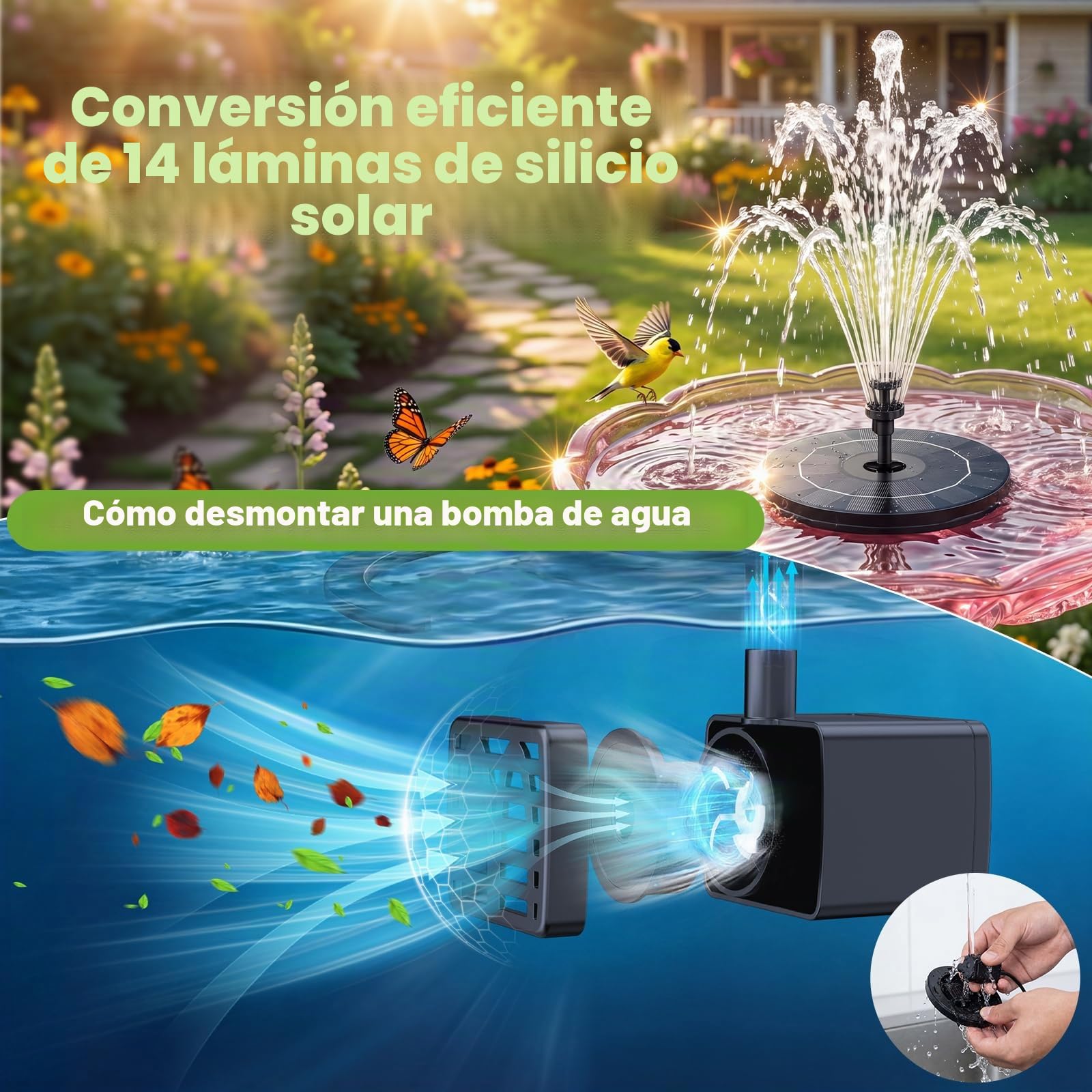 AISITIN Fuente Solar Jardin Exterior 3,5 W, Bomba de Estanque Solar con 6 Boquillas para Baño de Pájaros, Acuario y Jardín Estanque(1PC)