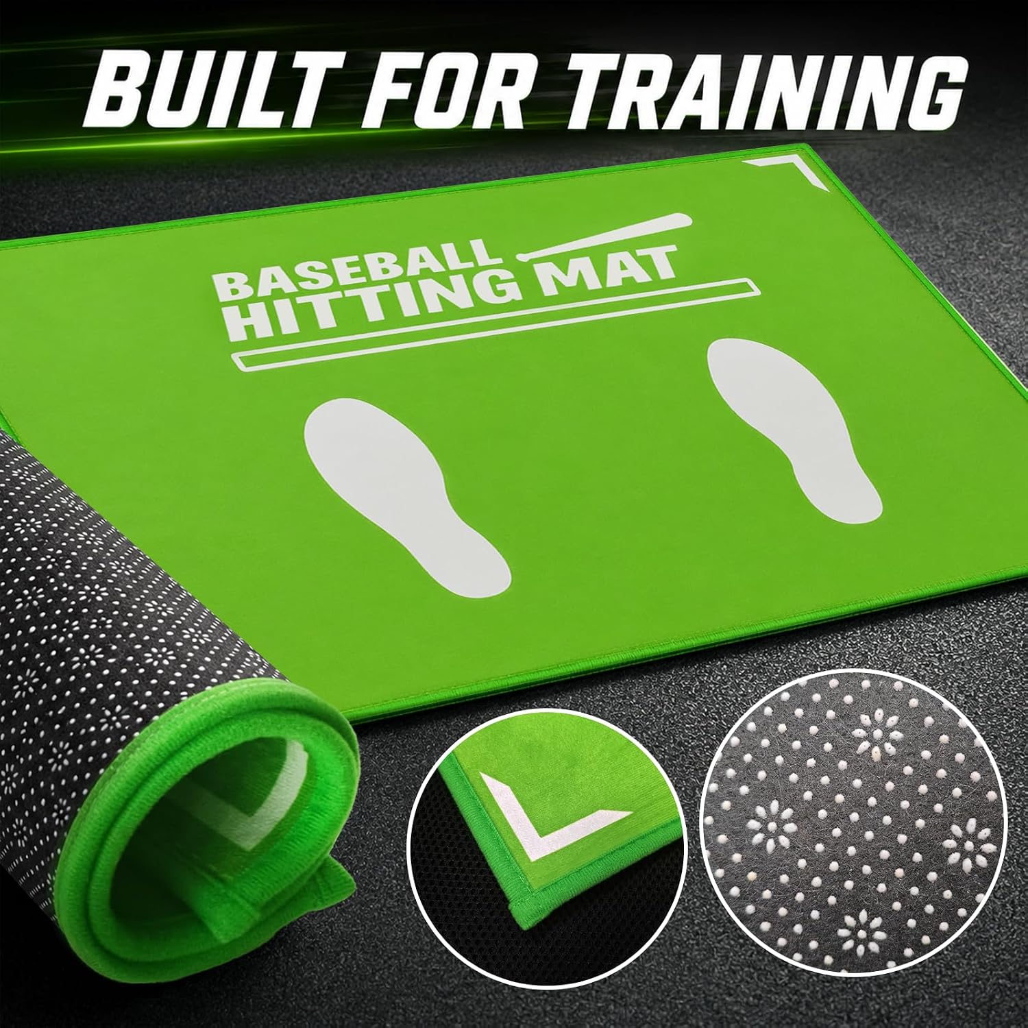 Baseball Hitting Mat, Indoor Outdoor Portable Batting Stance Mat | with Foot Guide, 35.4"x23.6" Non-Slip Rubber Backing Training Mat for Baseball Softball Players, Batting Cage Garage Practice
