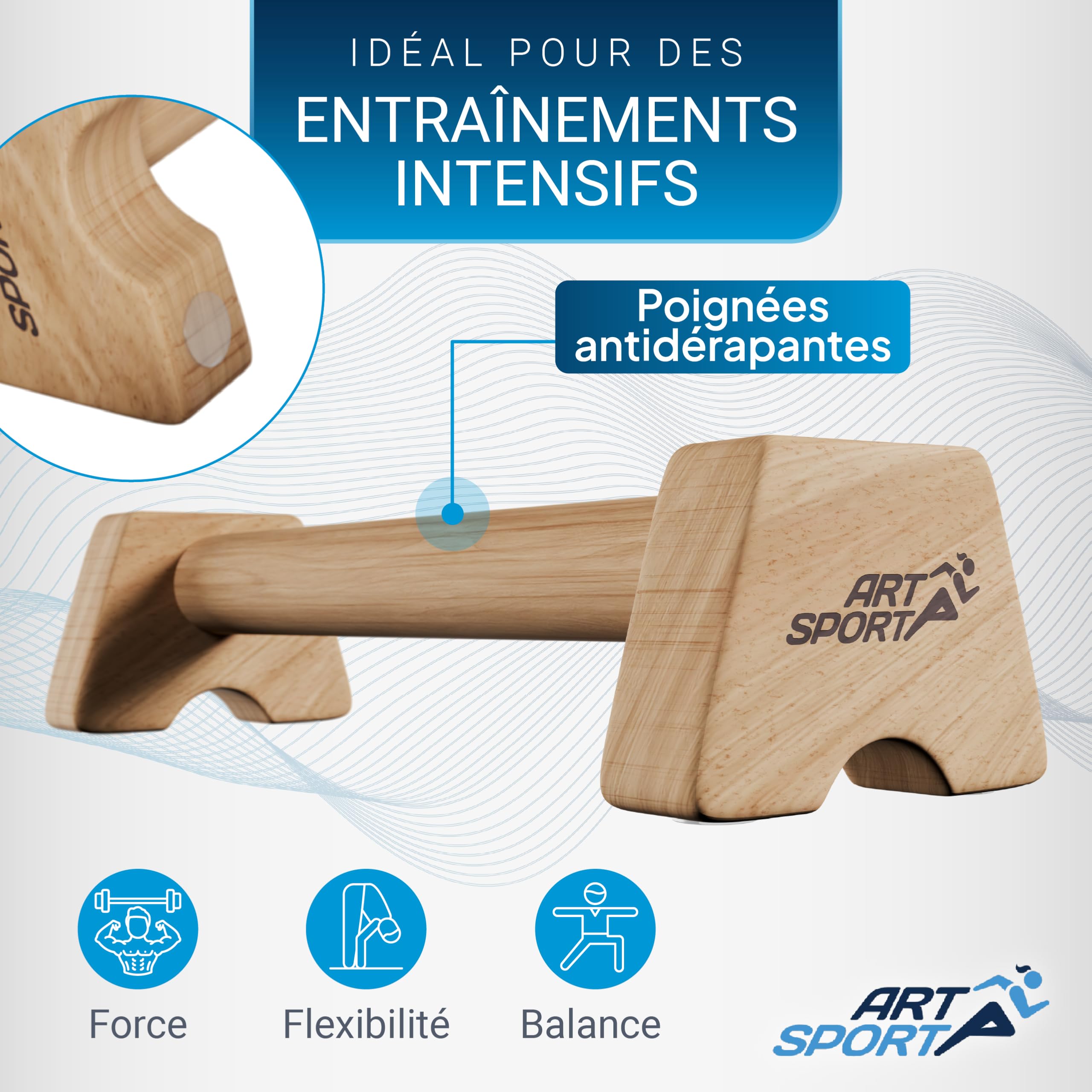 ArtSport poignées de pompes en bois - ergonomiques Parallettes pour Calisthenics, pompes & Stand à main - usage intérieur & extérieur