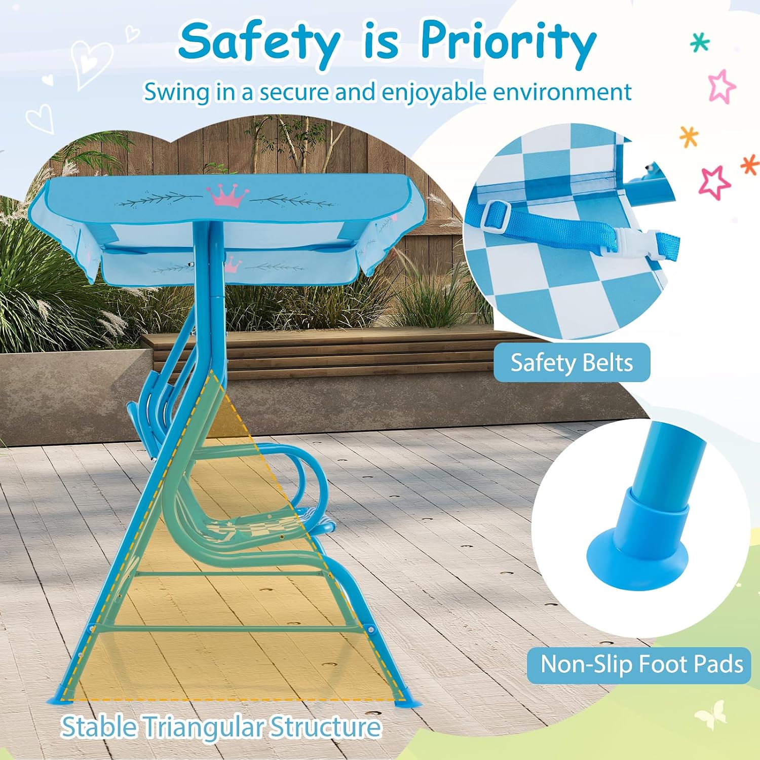 Kids Porch Swing, 2-Seater Outdoor Lounge Chair with Adjustable Canopy & Safety Belts, Metal Stand Hanging Swing Bench, Patio Swing for Backyard, Patio, Lawn, Garden (Blue Flamingo)