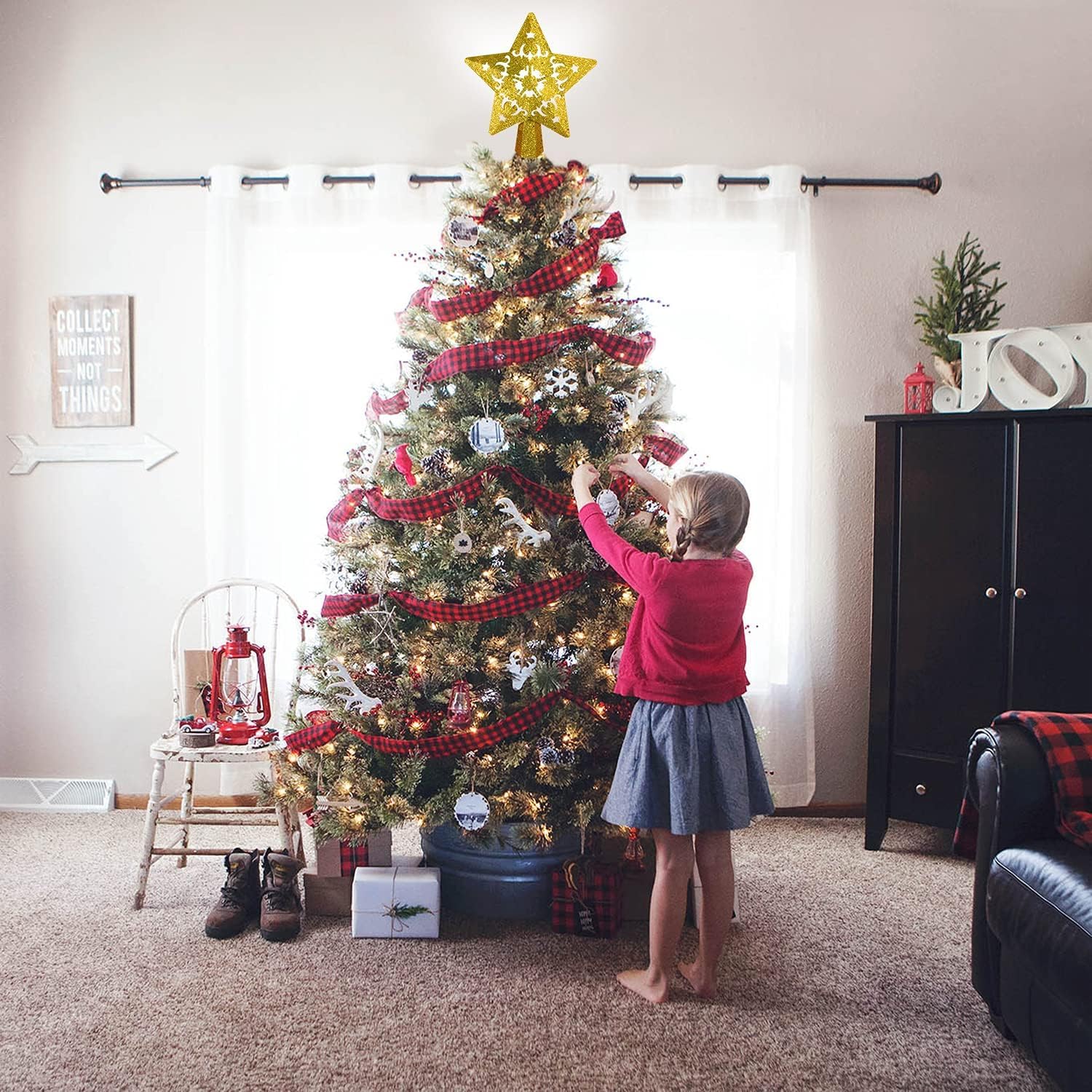 Árbol de Navidad Topper Estrella iluminada árbol T Adornos for árboles de Navidad Golden Star con proyector LED Giratorio de Copo de Nieve