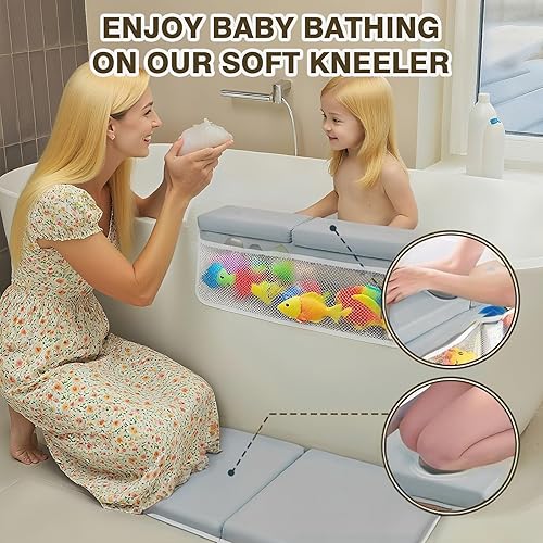 Miniatura 7 de Cómodo juego de rodilleras y coderas para el baño del bebé, almohadilla de espuma suave para bañar al bebé con bolsillo para juguetes, alfombrilla