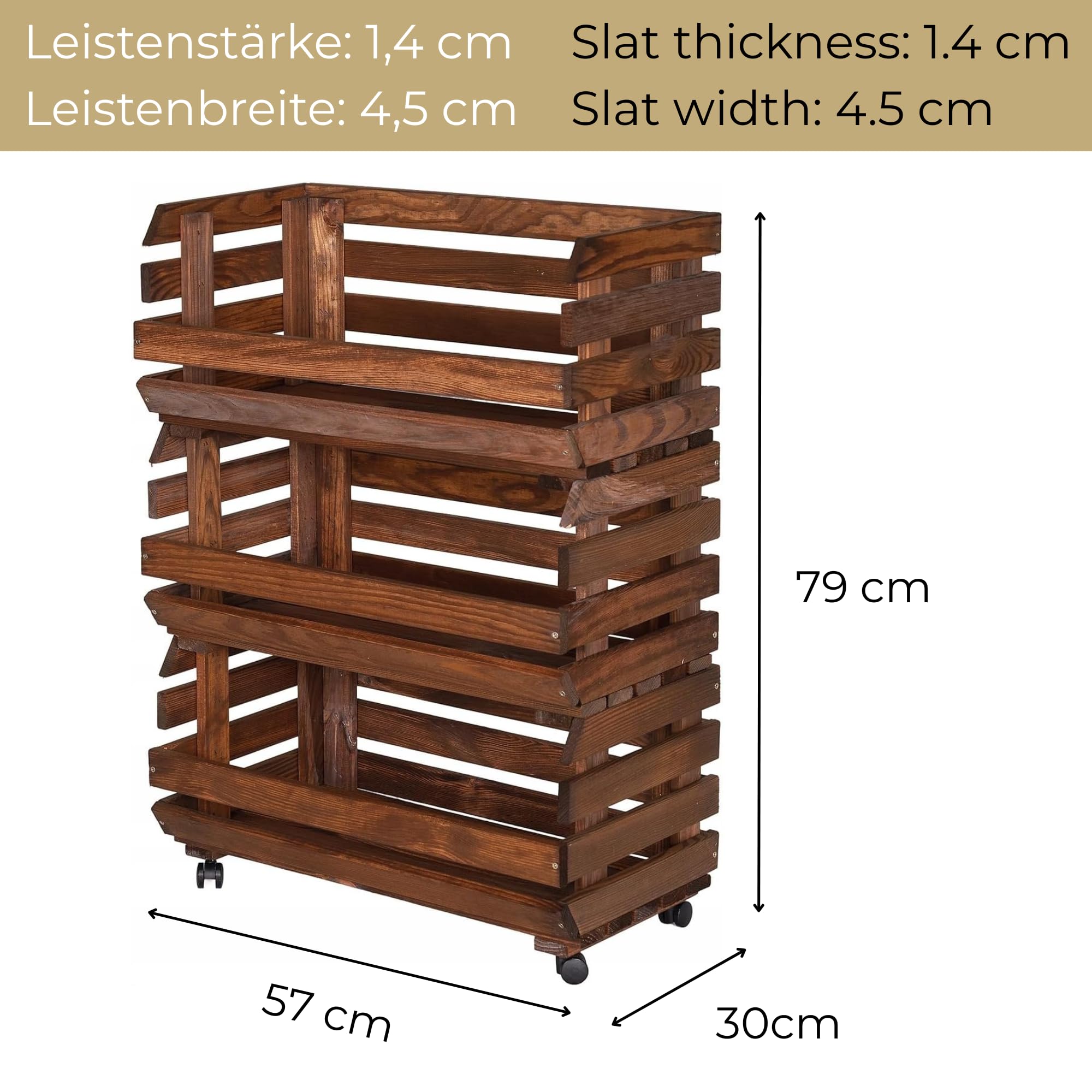 Caja de Madera para Frutas y Verduras con Ruedas 57x79x30 cm Marrón Estantería Cocina 3 Niveles Cestas Apilables Almacenaje Patatas Cebollas Ajo
