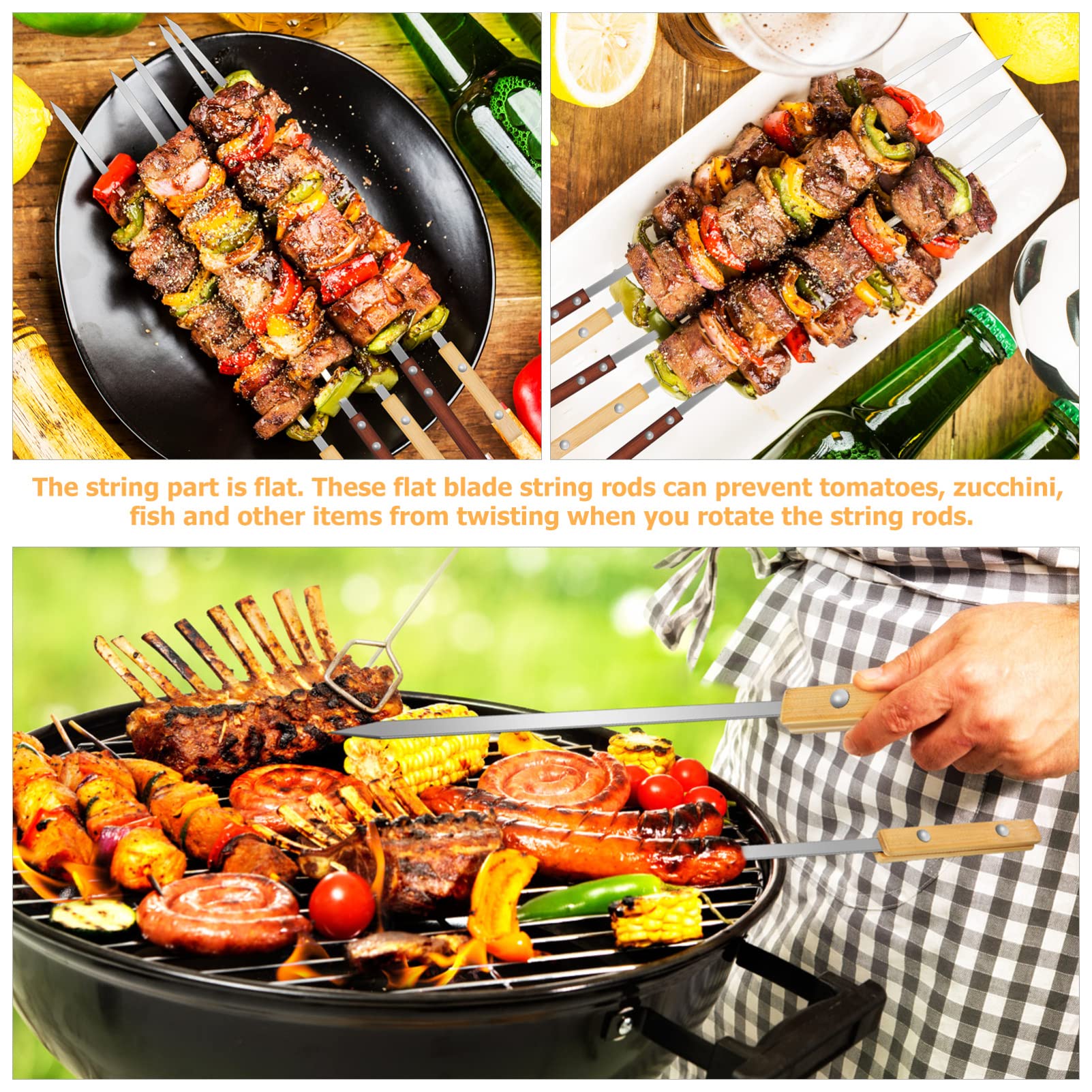 Stockbrot Spieße 100cm aus Edelstahl und Holz 12 Grillspieße Flach Wiederverwendbar für Campinggrill und Barbecue