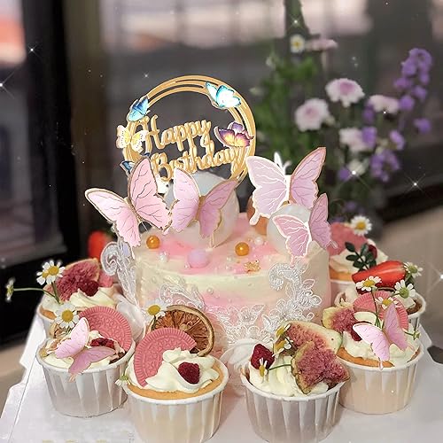 Miniatura 3 de Decoraciones para tartas de mariposa, 1 decoración para pastel de feliz cumpleaños y 15 piezas 3D de oro rosa y mariposa para cupcakes, suministros