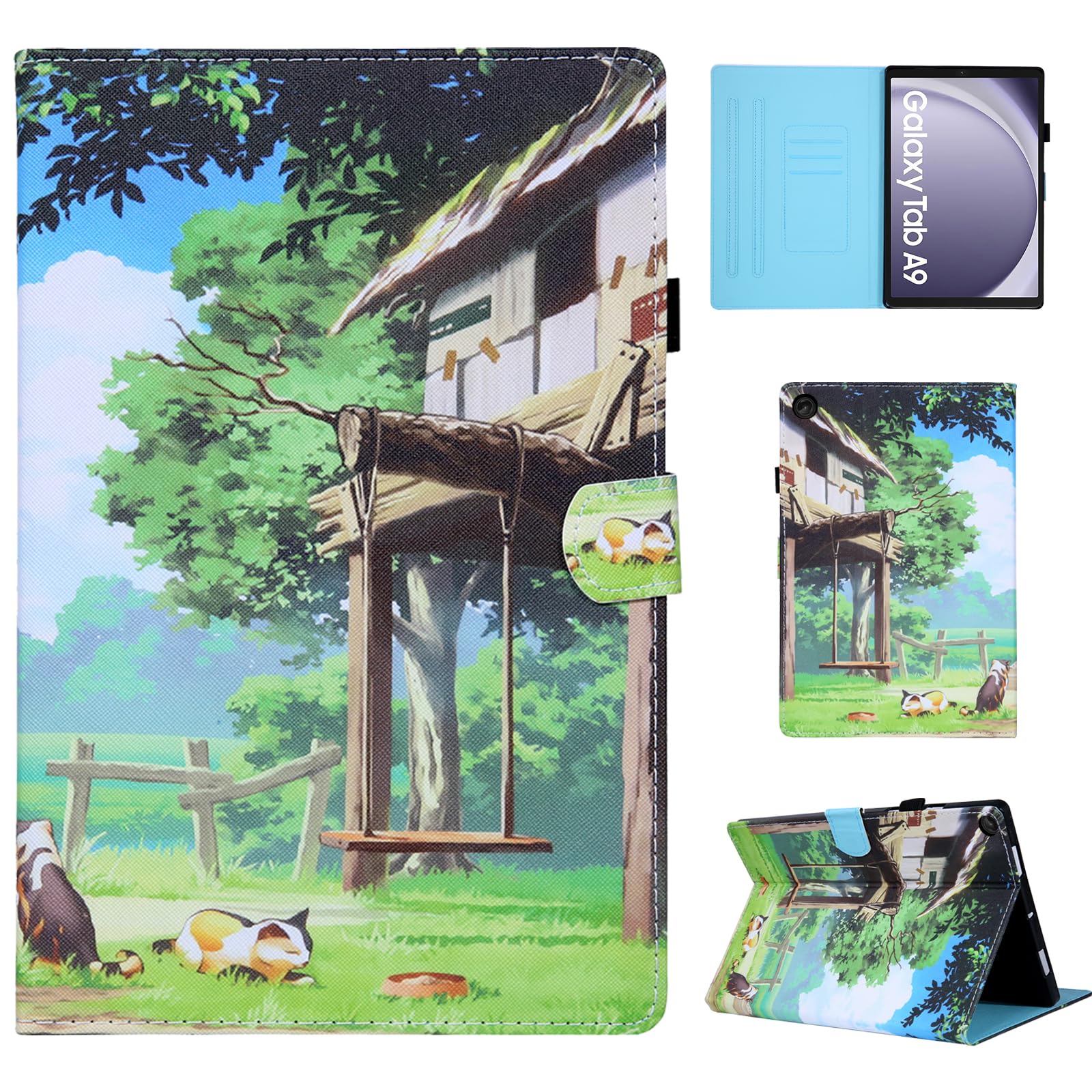 CXTCASE Hülle für Samsung Galaxy Tab A9 2023 (SM-X110/SM-X115) 8.7", Schutzhülle Cover Case mit Standfunktion für Samsung Galaxy Tab A9 2023, Schaukel-Holzhaus